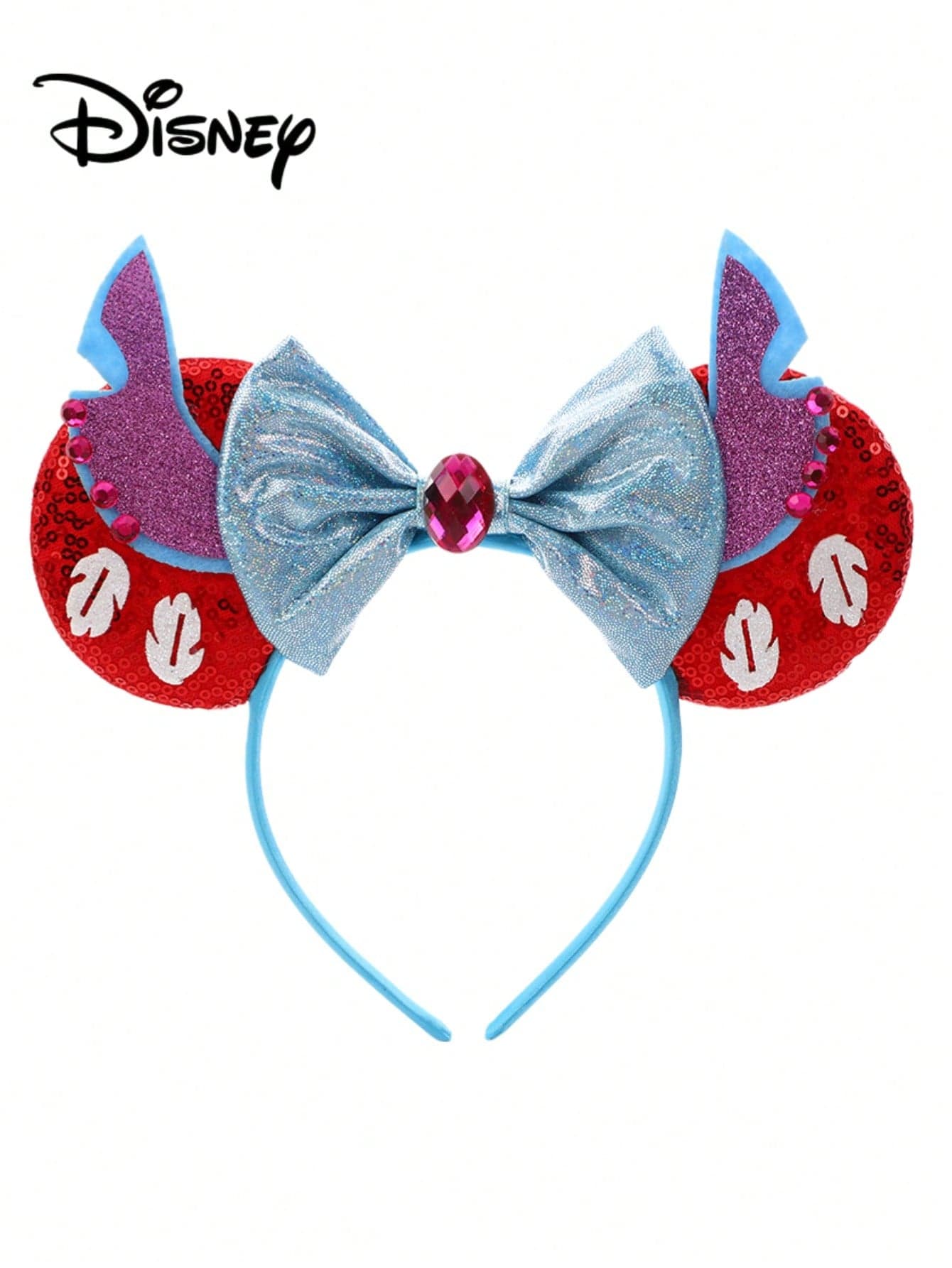 1pc Disney Cartoon Sequin Blue+Red Amusement Park Theme Series Mickey Minnie Ears Sequin Bow Headband Hair Accessory, Stage Performance Costume Hair Accessory, Holiday Headband, Birthday Party Theme Mickey Hair Accessory, Headband, Suitable For Holiday Party