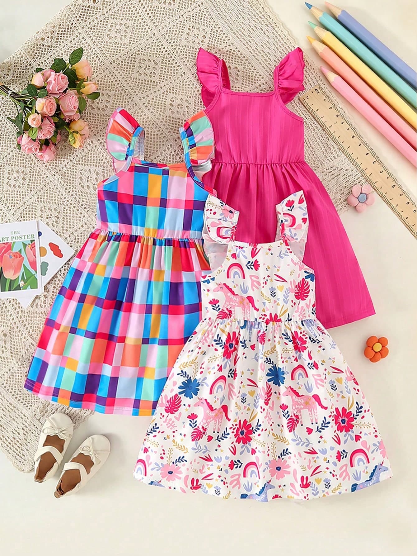 3pcs/Set Multi-Color Girls Floral Print + Striped Print + Solid Color Ribbed Ruffle Square Neck Dress Set, Suitable For Daily, School, Vacation And Party, Back To School Season Outfit