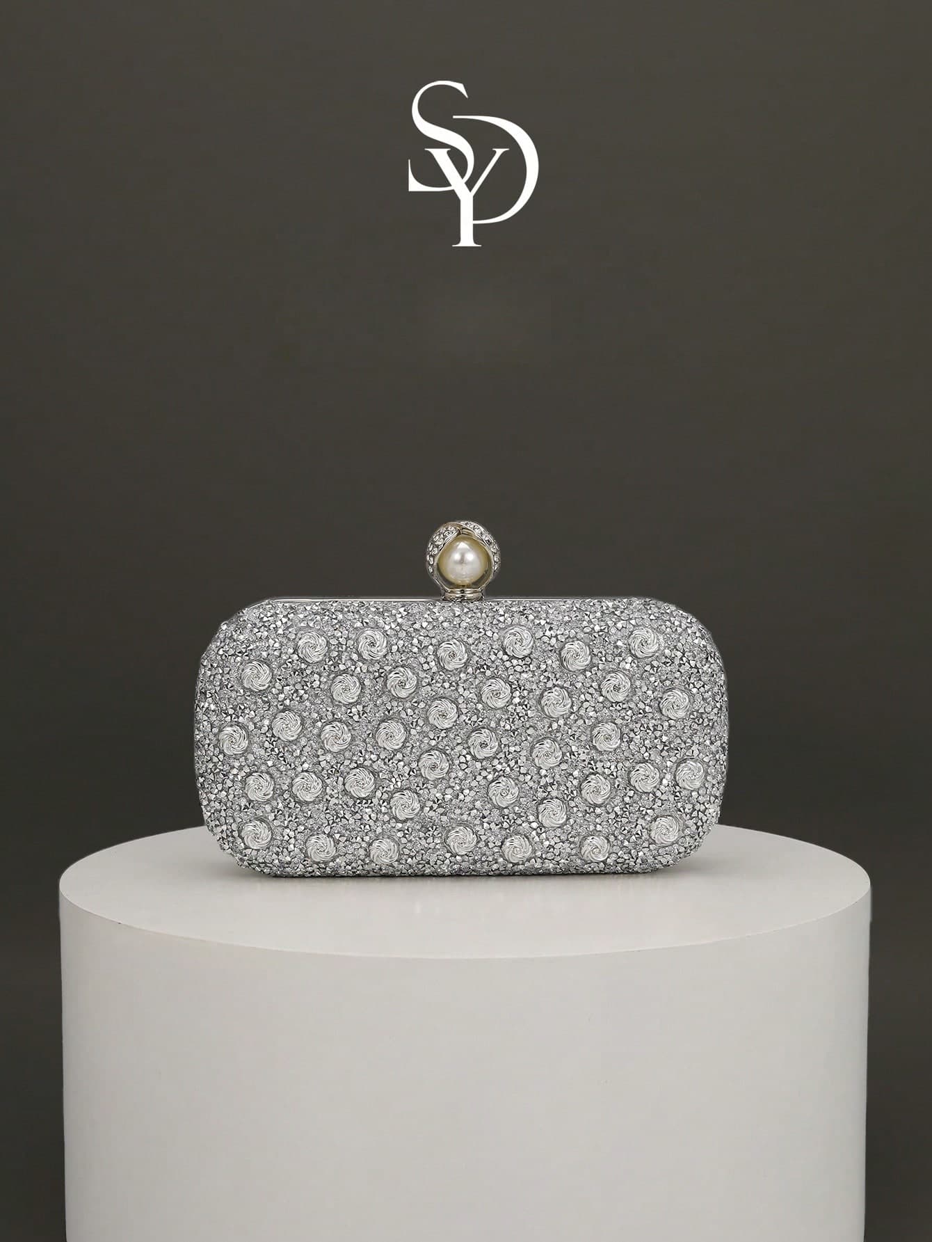 1pc Silver Rhinestone 3D Rose Evening Clutch Bag, Fully Embellished With Crystal Flowers, Hard Box Bag With Pearl And Rhinestone Lock, Bridal Wedding Party Luxury Chain Crossbody Small Bag