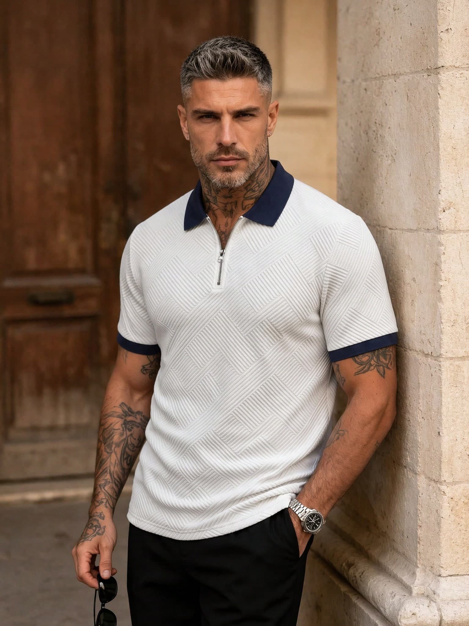 Men's Summer Jacquard Textured Contrast Color Half-Zip Polo Shirt, Casual Minimalist Urban Mature British Gentleman Style