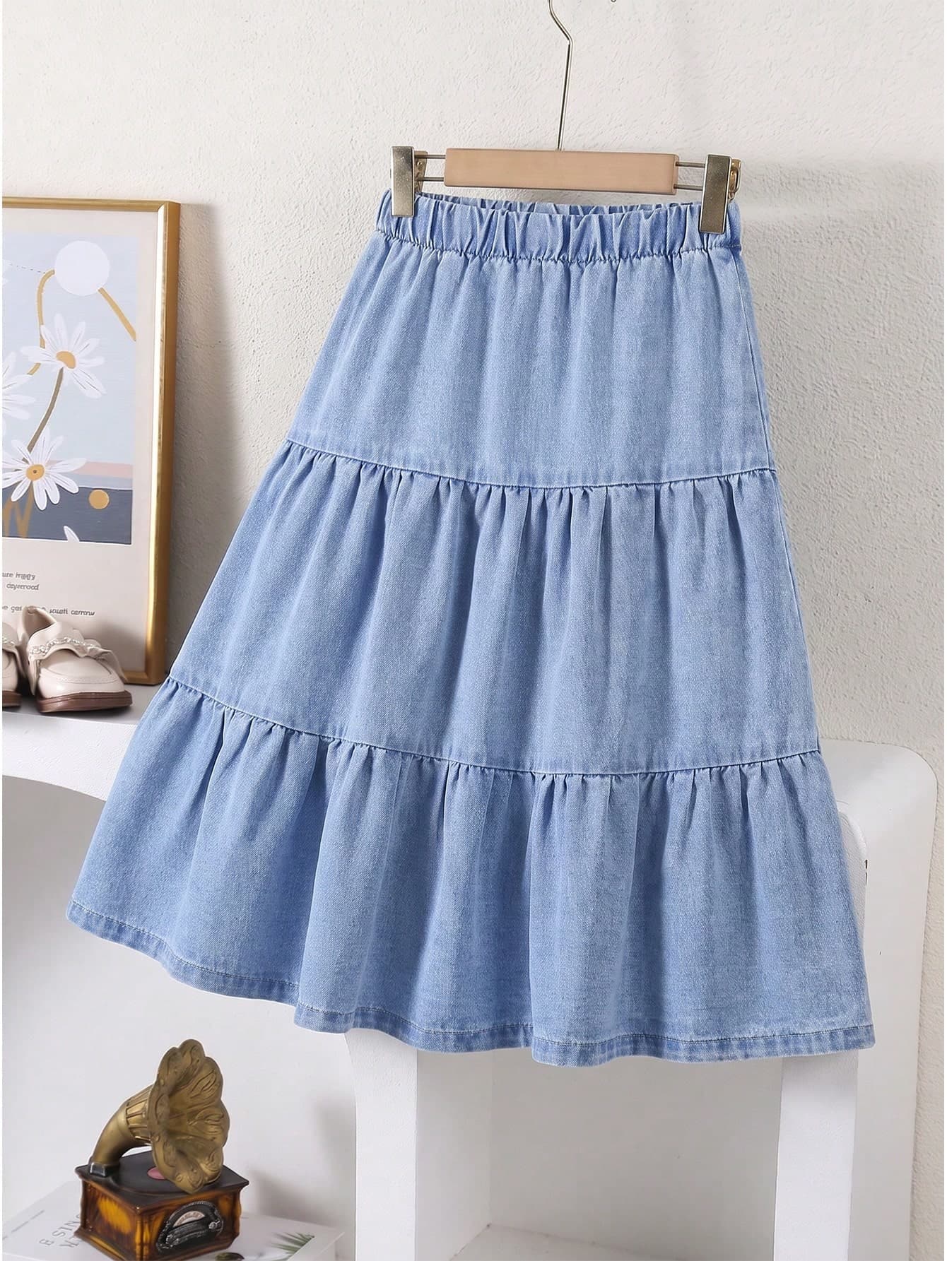 Tween Girl Simple Minimalist Mid-Wash Blue Denim Casual Skirt, Versatile All-Season