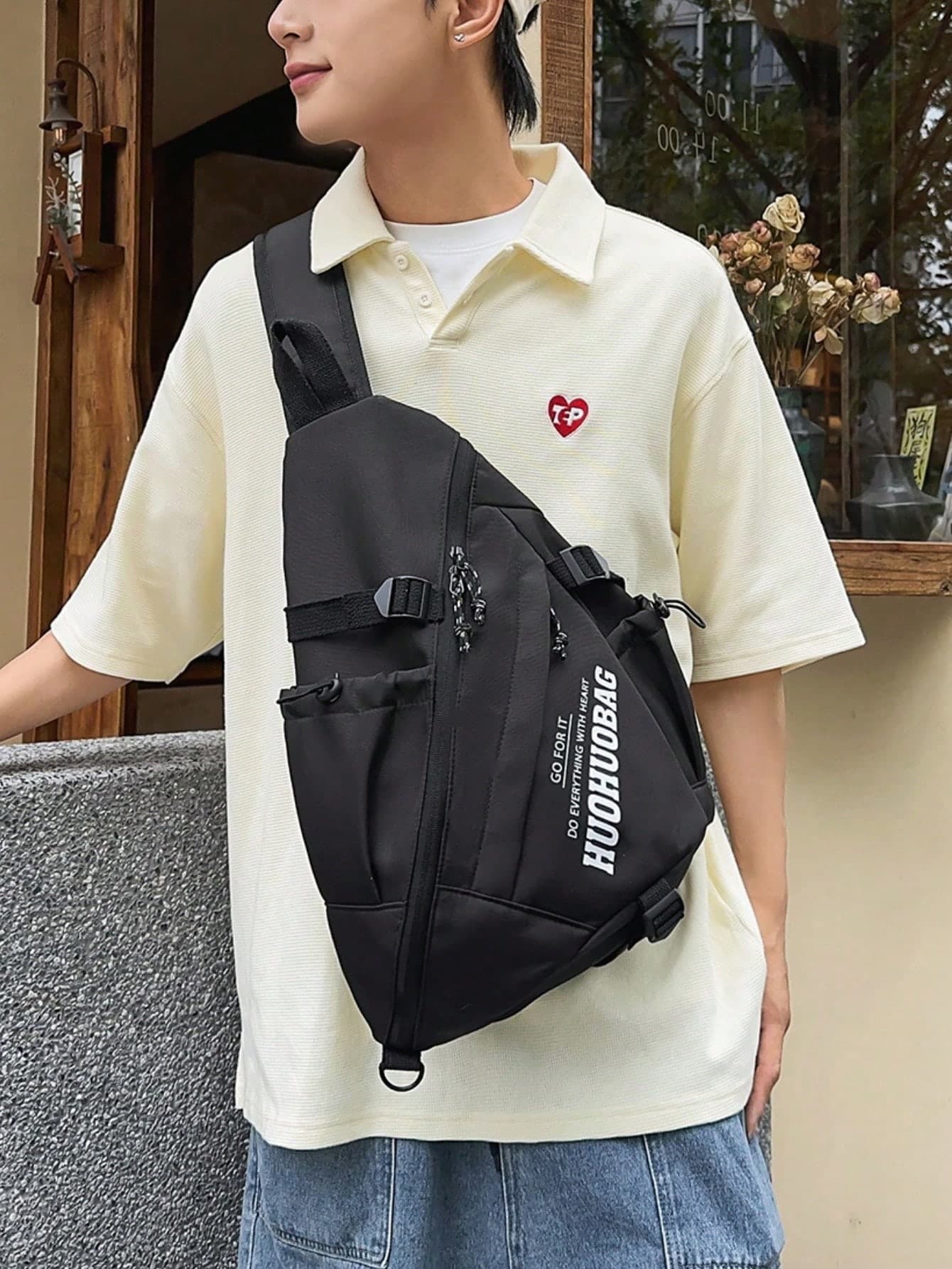 Large Capacity Black Gray Sling Bag For Unisex | Techwear Crossbody Chest Pack With Circular Pocket | Multi-Pocket Adjustable Strap