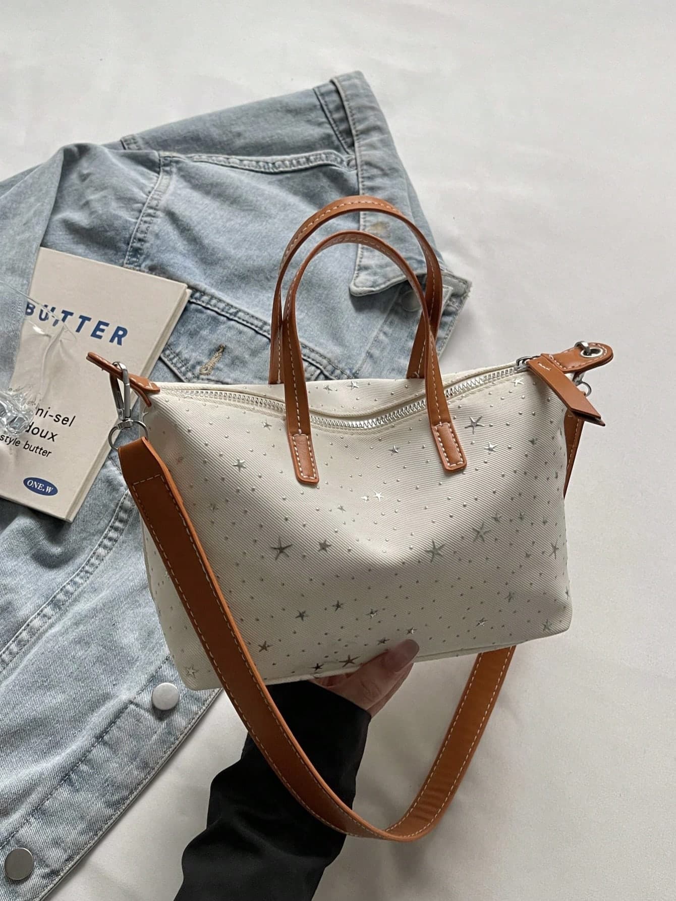 Korean Style Retro Handbag For Women, Star Print, Premium Feel, 2026 New Fashion Large Capacity Casual Shoulder Tote Bag