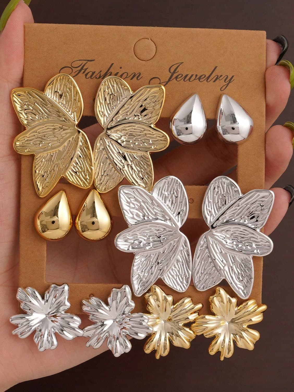 6 Pairs Gold & Silver Dual-Tone CCD Textured Floral Leaf Water Drop Stud Earrings, Women's Vintage Earring Set