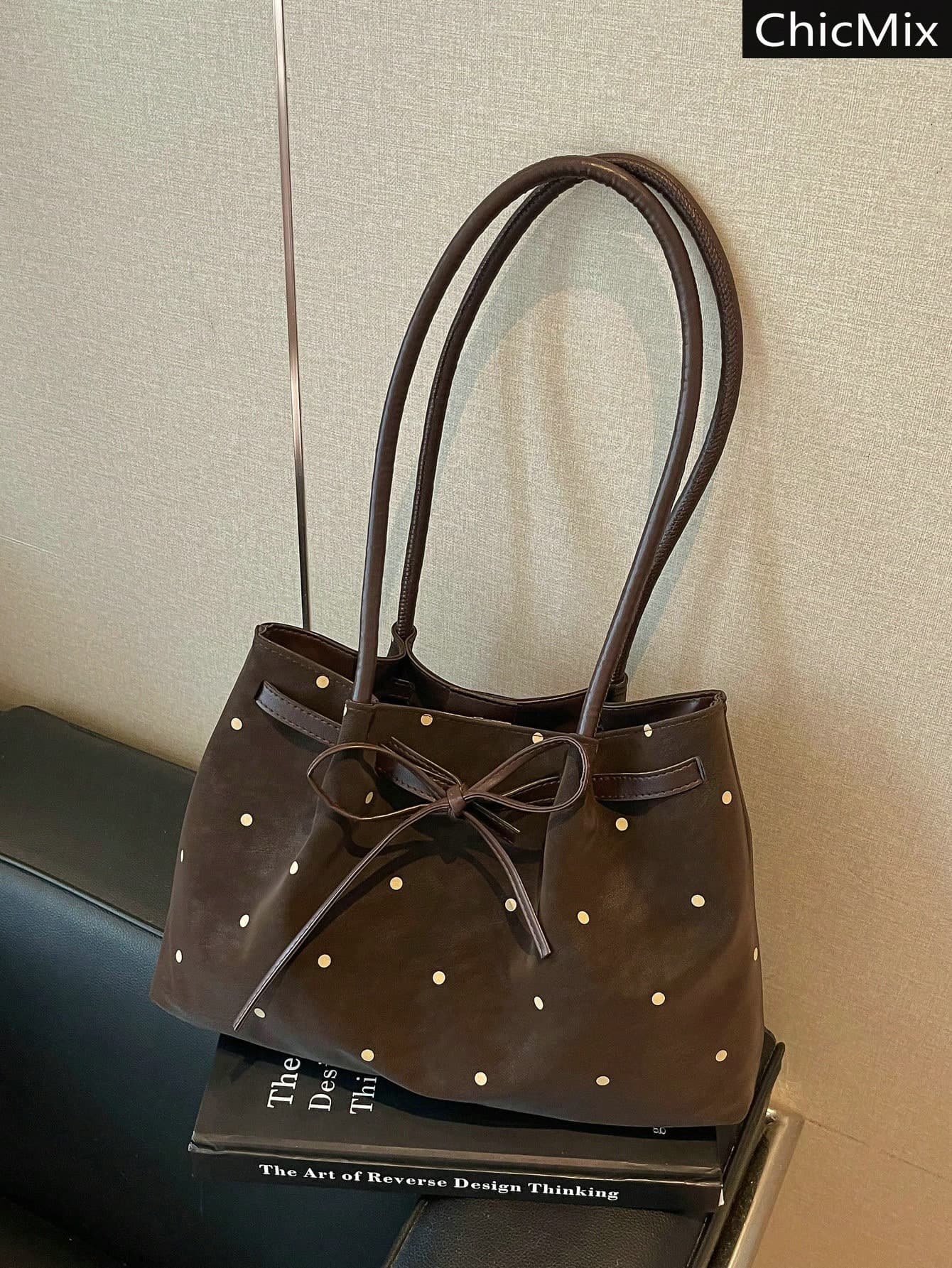 Solid Color Polka Dot Print Bow Large Capacity Handbag, Classic Versatile Rope Decor Women's Shoulder Tote Bag, Suitable For Shopping, Wallet, Shopping, Young Women, College Students, Newcomers, Office Workers. They Are Perfect For Office, University, Work, Business, Commuting, Outdoor Activities, Travel And Outings