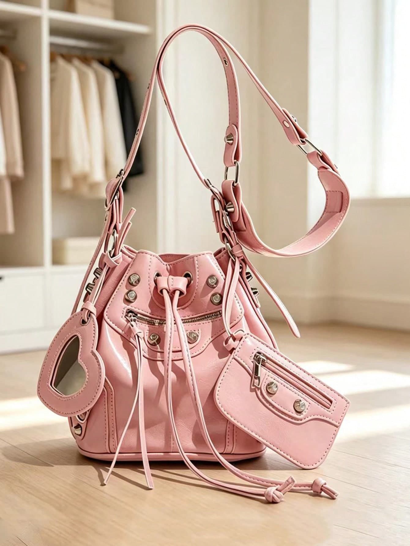 2026 New European And American Punk Style Bucket Bag, Fashionable Versatile Drawstring Shoulder Commuter Crossbody Bag