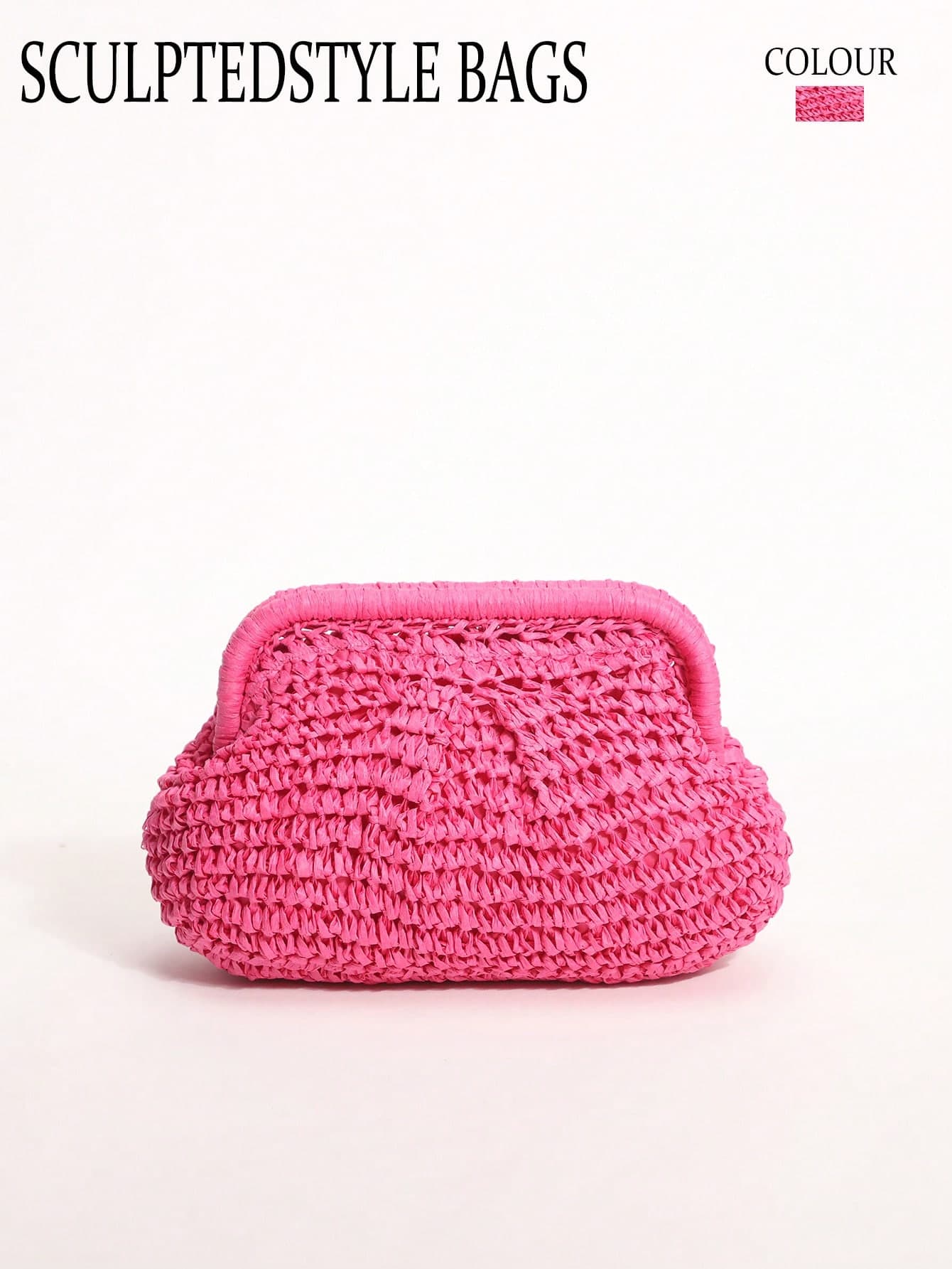 1pc Handmade Crochet Woven Straw Clutch Bag With Pleated Design, Fuchsia, Chain Crossbody Strap, Casual Beach Vacation Style