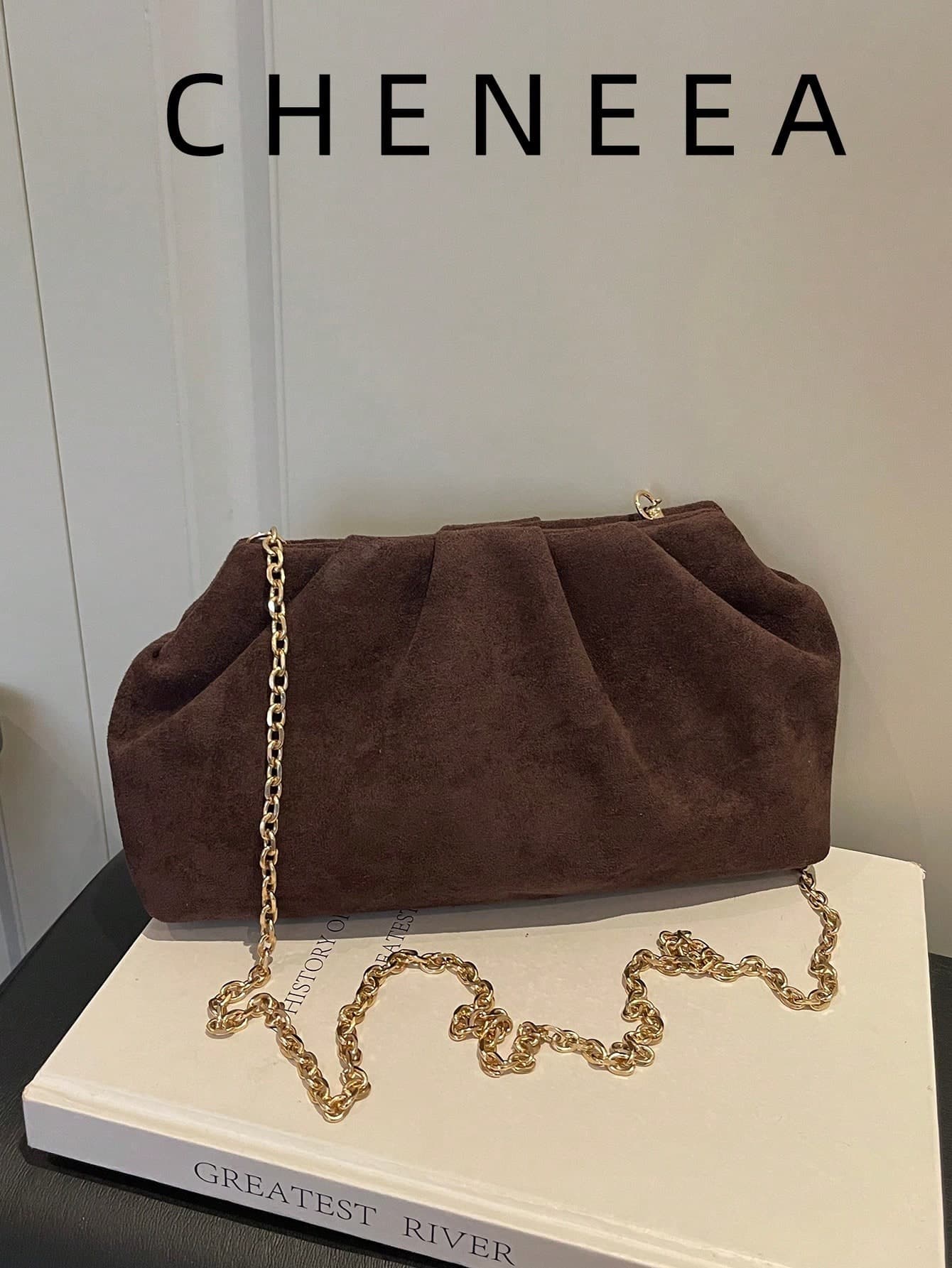 Autumn New Vintage Fashion Pleated Bag, Faux Suede Texture, Metal Chain, Small Capacity Lightweight Minimalist, Casual Commute Crossbody Bag