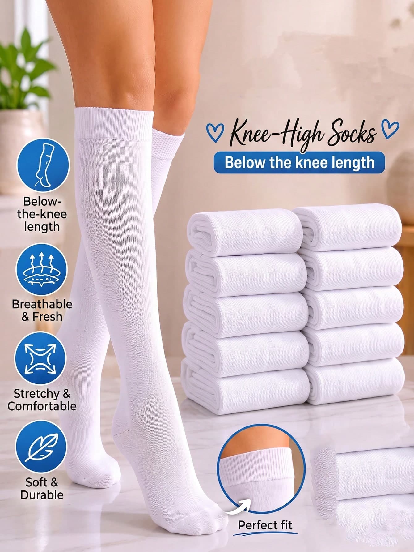 7 Pairs Women's Knee-High Socks, High Elastic Breathable Long Tube Socks, Pure White Daily Socks Value Pack, Preppy Style And Everyday Wear