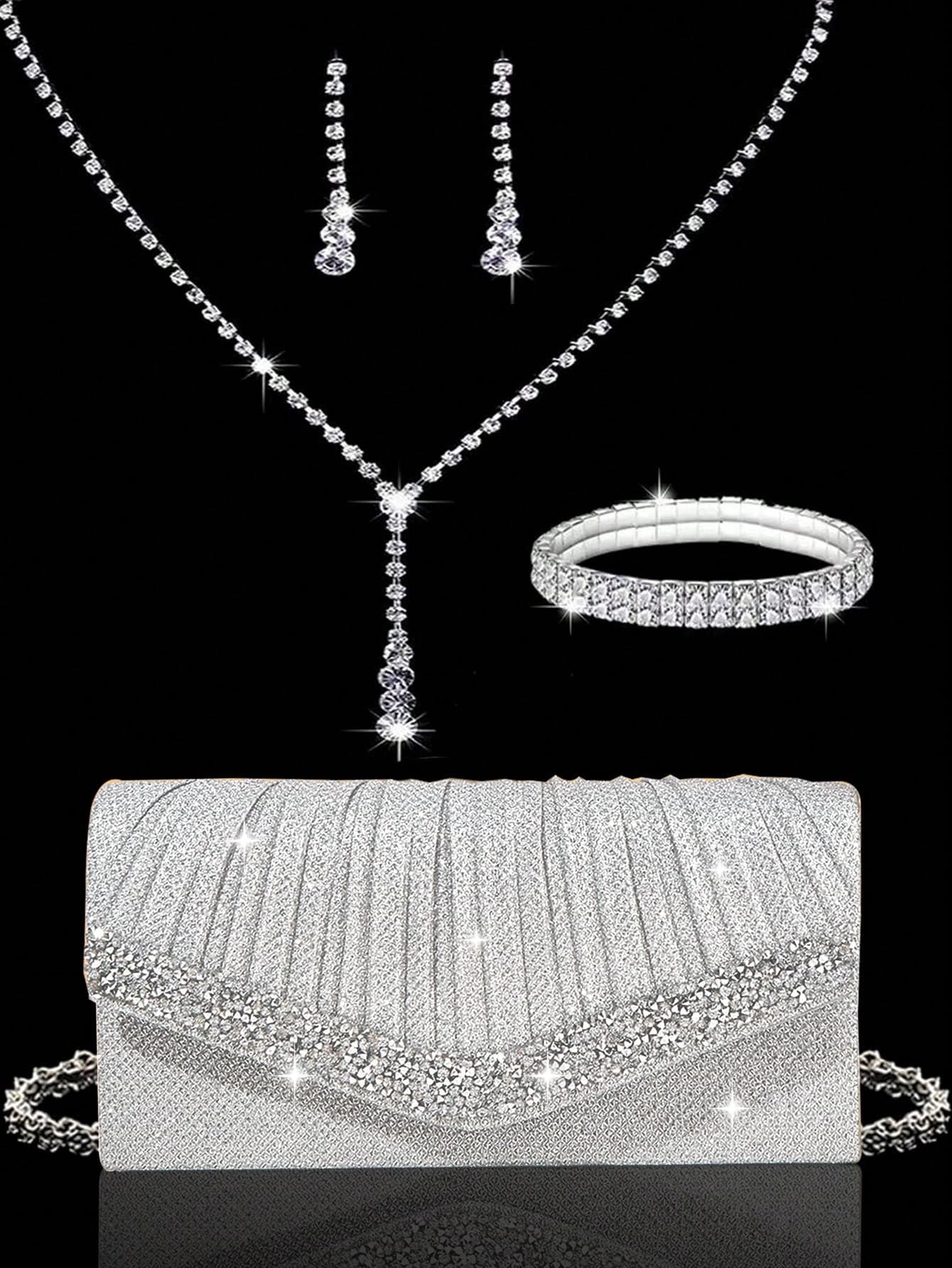 Shiny Rhinestone Evening Clutch Bag, Luxurious Pleated Women's New Party Envelope Bag, Paired With Shiny Rhinestone Jewelry 3 Pieces Set, Rhinestone Pendant Necklace, Earrings, Bracelet, Suitable For Parties, Gatherings, Evening Events, Weddings