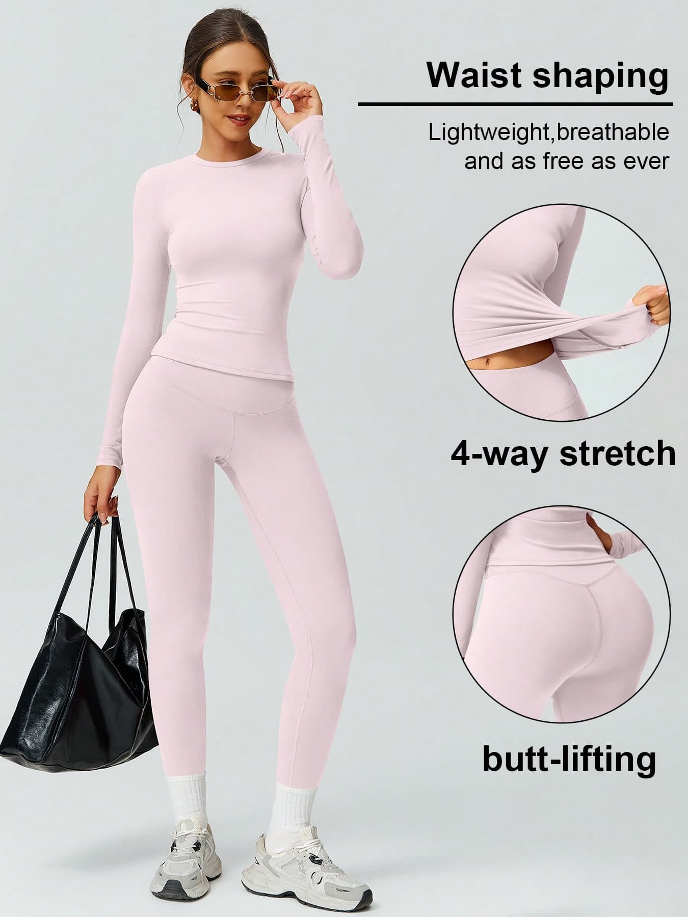 2pcs Set - Women's Round Neck Yoga Long Sleeve T-Shirt, Elastic Slim Fit Soft Skin-Friendly Base Layer Sports Pants, Elegant Elegant Pink Outfit, Indoor Fitness Set, Gift For Best Friend, Christmas Gift