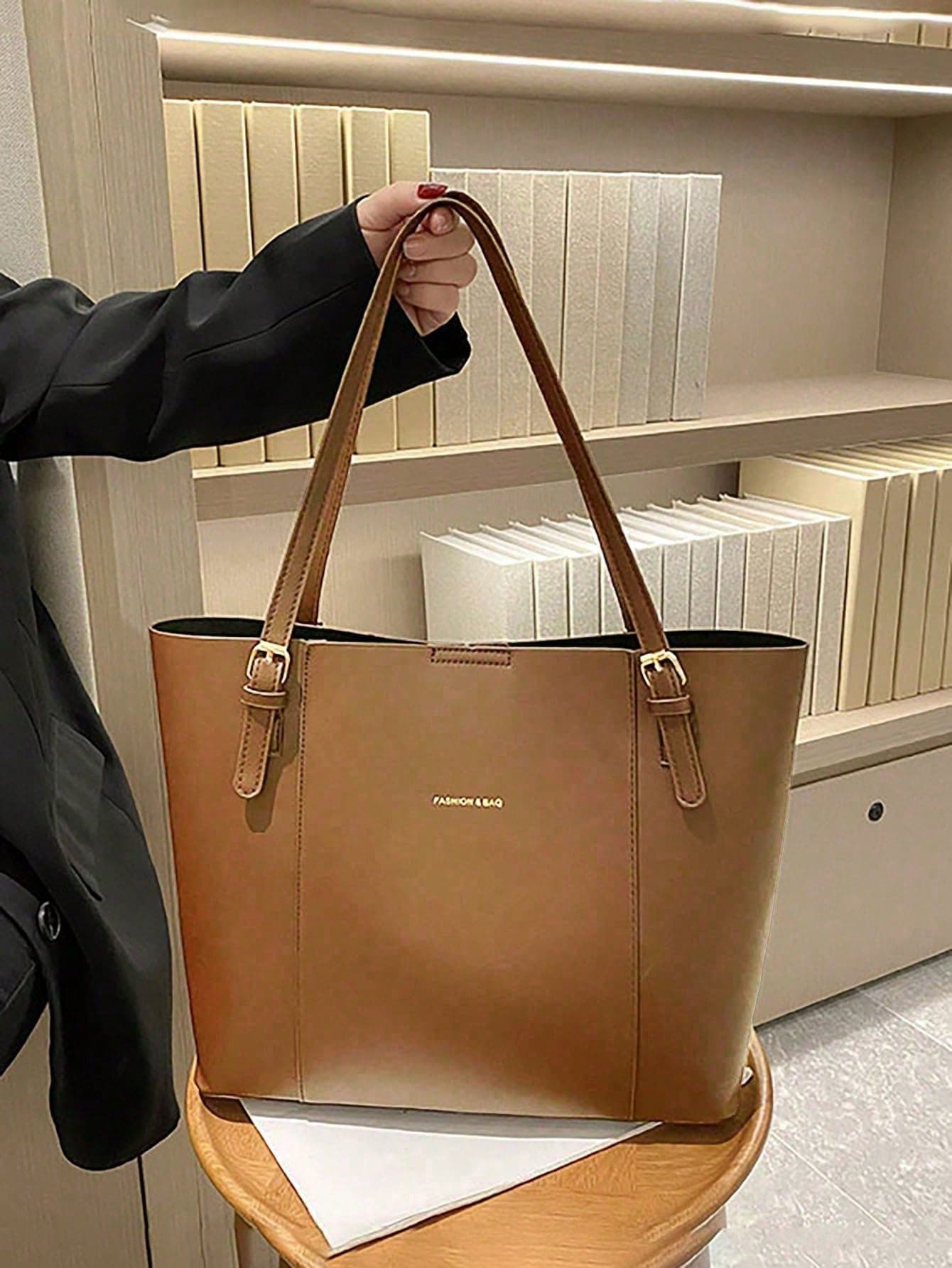 1pc PU Fashion Solid Color Large Capacity Design Shoulder Tote Bag