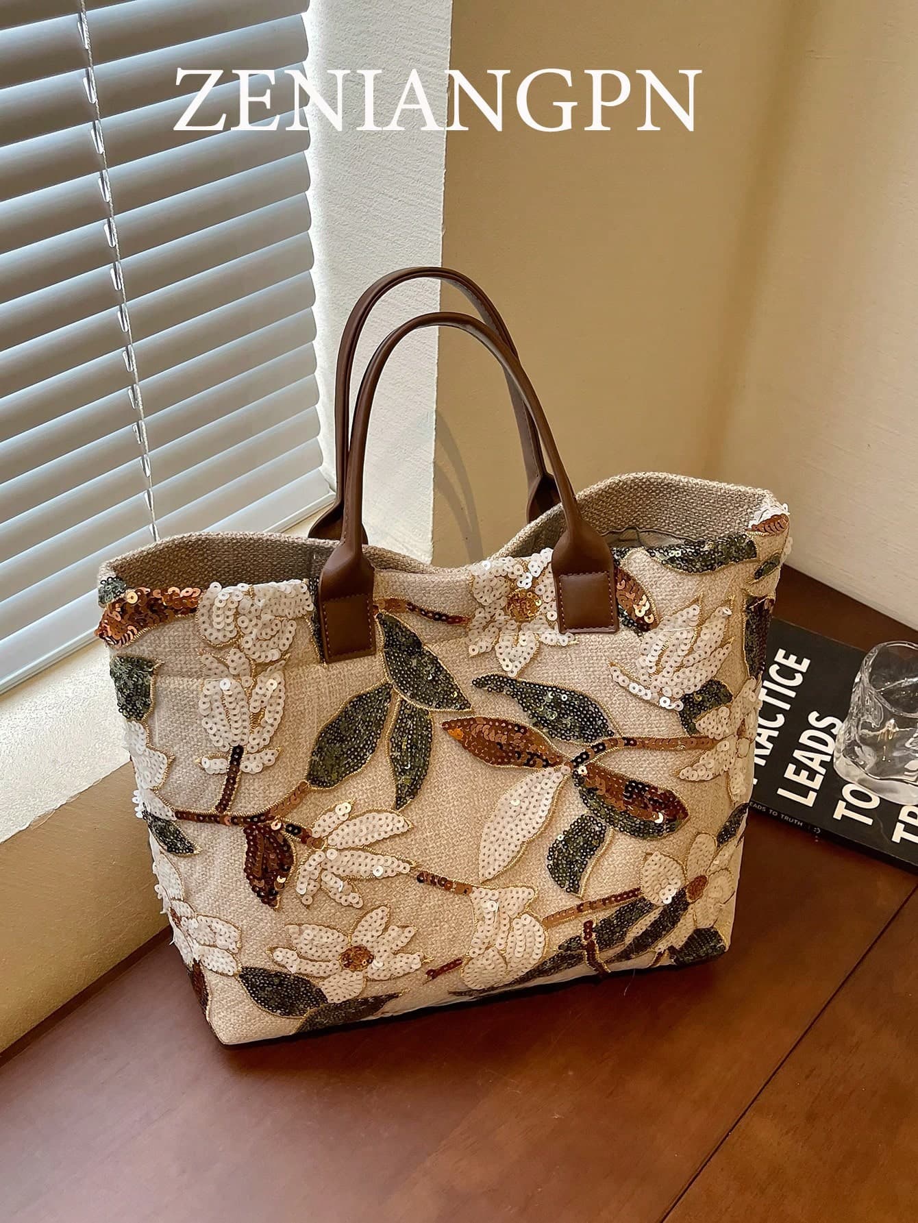 Women's Floral Sequin Embroidered Tote Bag Large Capacity Handbag