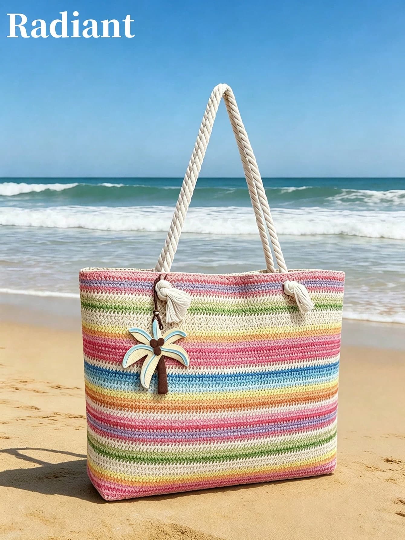 Women's Beach Tote Bag, Rainbow Striped Woven Shoulder Bag With Coconut Tree Charm, Large Capacity, Casual Bag For Summer Vacation And Daily Use