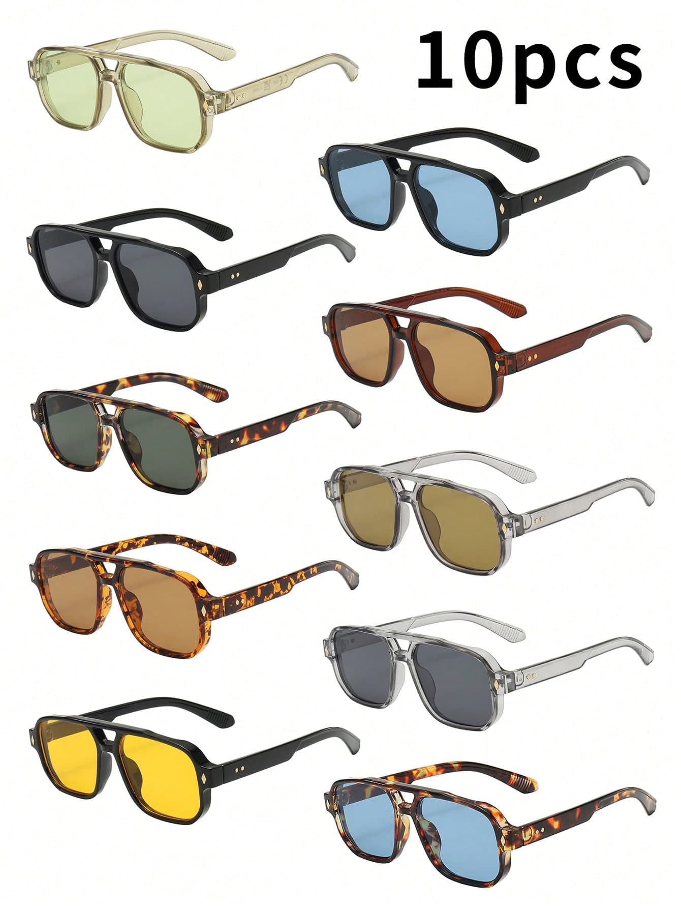 10pcs Men's PC Material Classic Square Double-Beam Large Frame Minimalist Personalized Fashion Glasses, Suitable For Party, Casual, Vacation, Travel, Beach, Daily Decoration