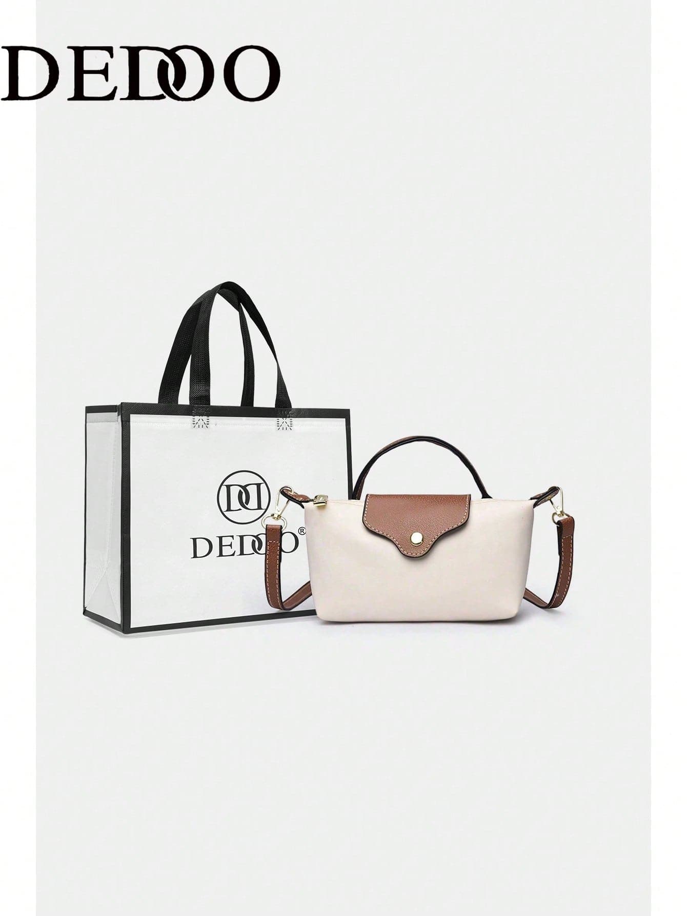 Dedoo Women's Beige Nylon Mini Dumpling Bag With Brown Leather Flap And Gold Snap Button, Lightweight Commuter Travel Style, Suitable For Spring (Includes Gift Bag)