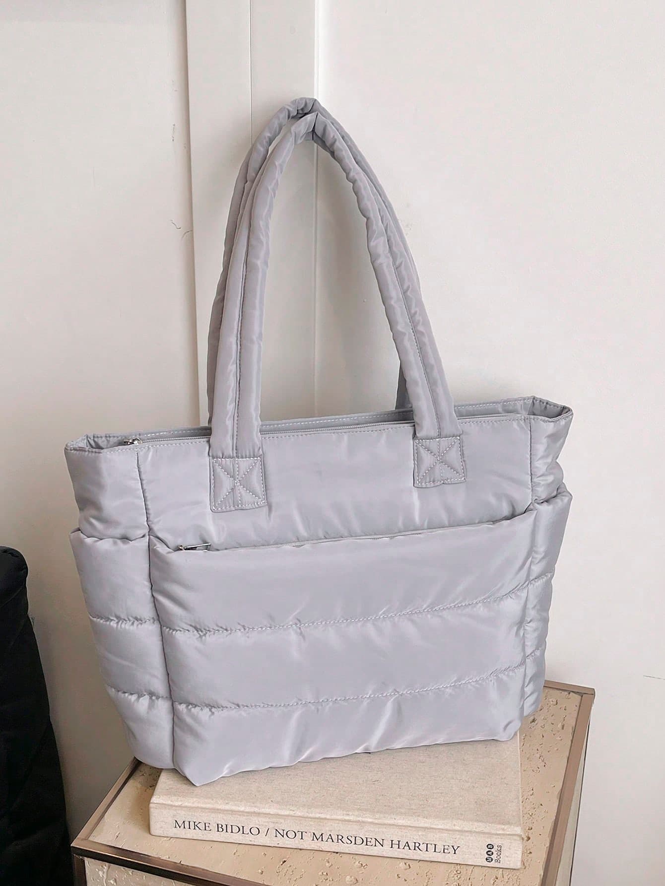 1pc Women's Solid Color Zipper Decor Shoulder Bag Large Capacity Zipper Opening With Compartment Tote Bag