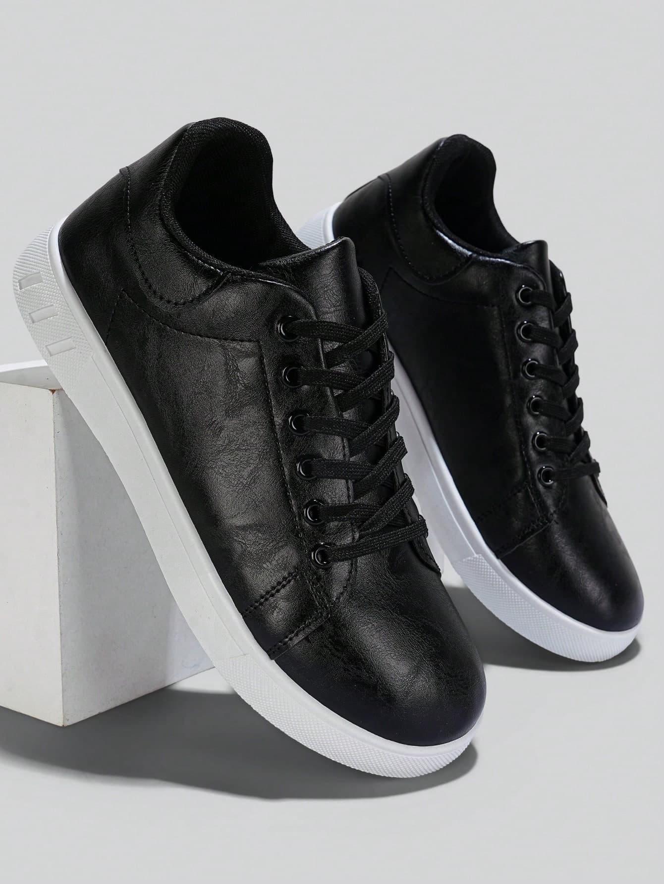 Flipark Men's Striped Lace-Up Skate Shoes - Durable PU Leather Upper, Breathable Fabric Lining, Cloth Insole, Non-Slip PVC Sole, Round Toe Design, Suitable For Outdoor Casual Wear In Spring, Summer, Autumn, Winter