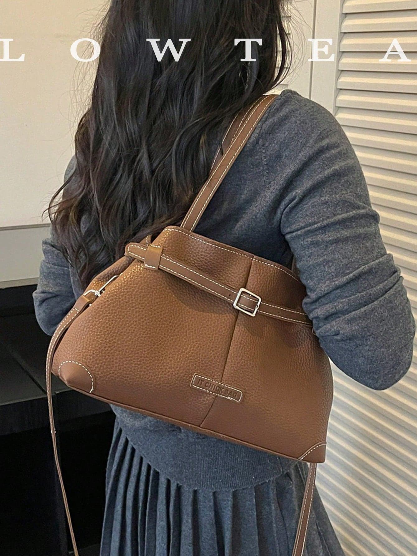 low tea 1pc Solid Color Buckle Strap Bag, Adjustable Shoulder Strap, Suitable For Commuting, Shopping And More