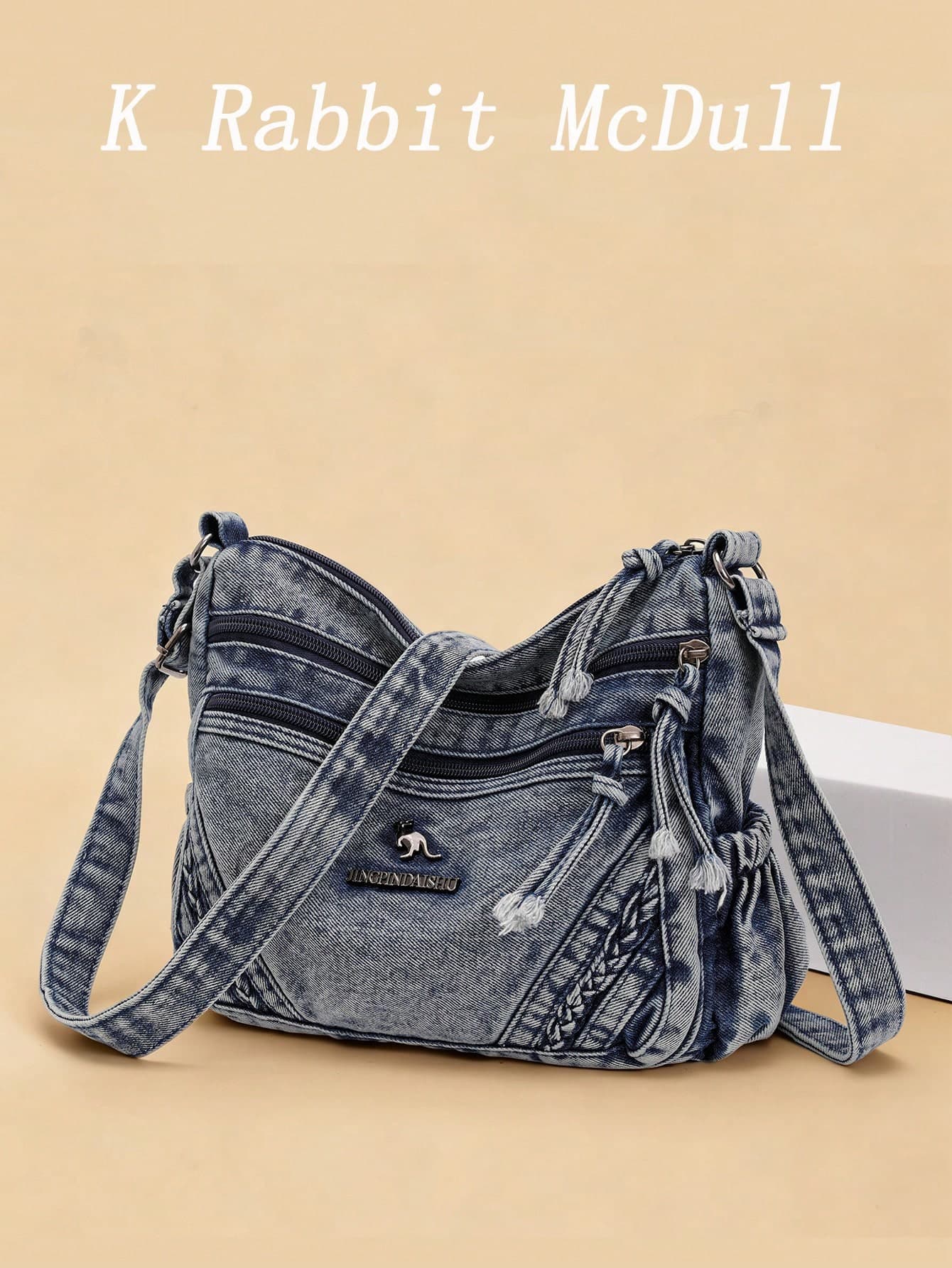 New Vintage Casual Chic Washed Jeans Multi-Layer Crossbody Bag Women's Fashionable Letter-Printed Kangaroo-Decorated Shoulder Bag Mom Bag