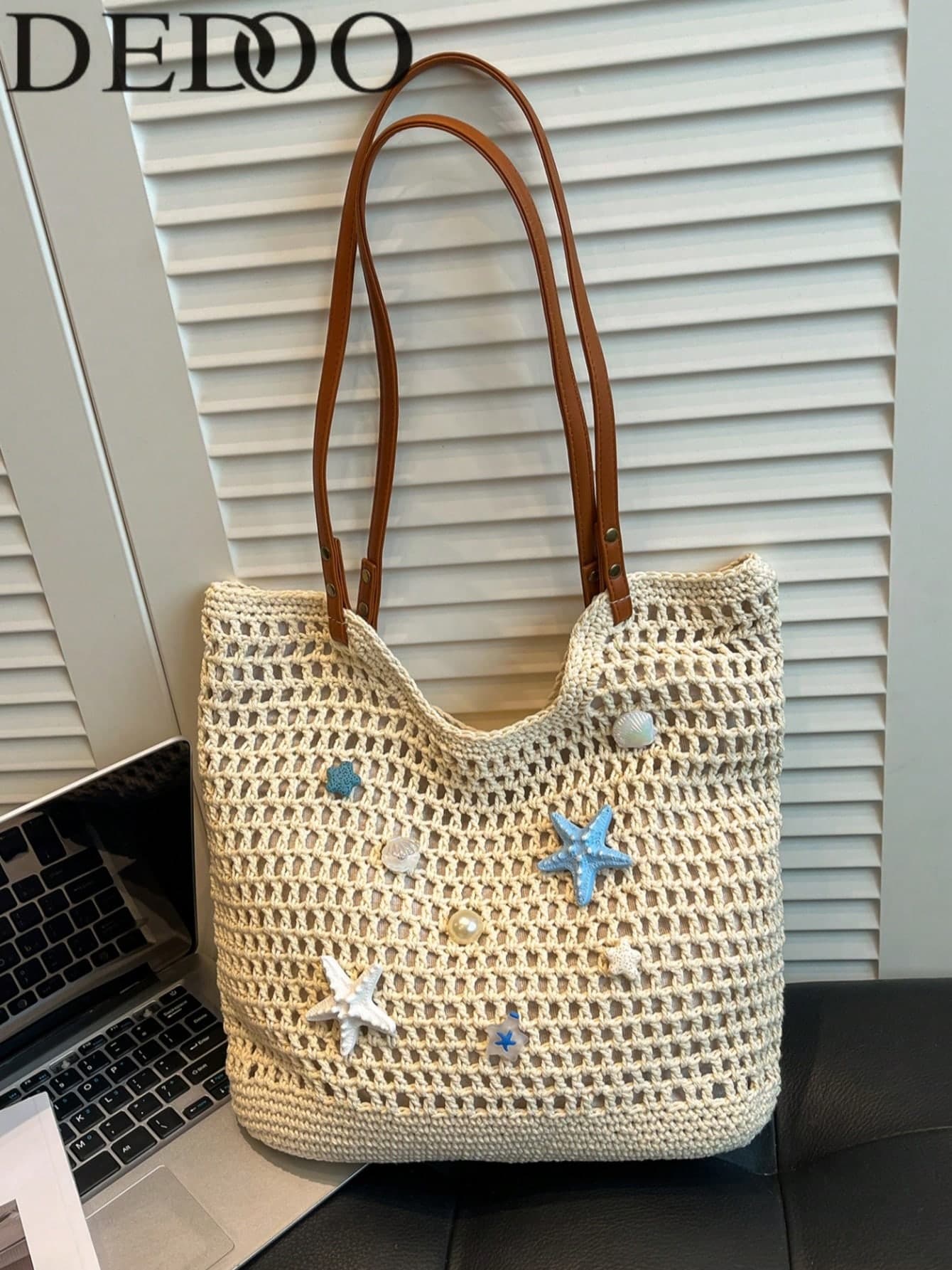 Dedoo Cute Starfish Shell Crochet Tote Bag, Beige Hollow Beach Shoulder Bag, Women's Summer Vacation Handbag, Straw Woven Bag, Vacation Essential