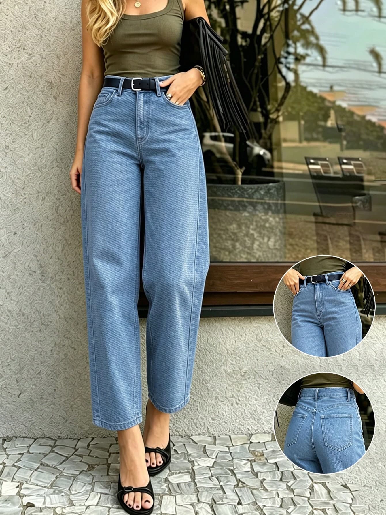 Y2K Elegant Women's Light Blue Washed Loose Casual Tapered Jeans, Vacation Street Style Vintage Washed Denim Pants, Summer 2026