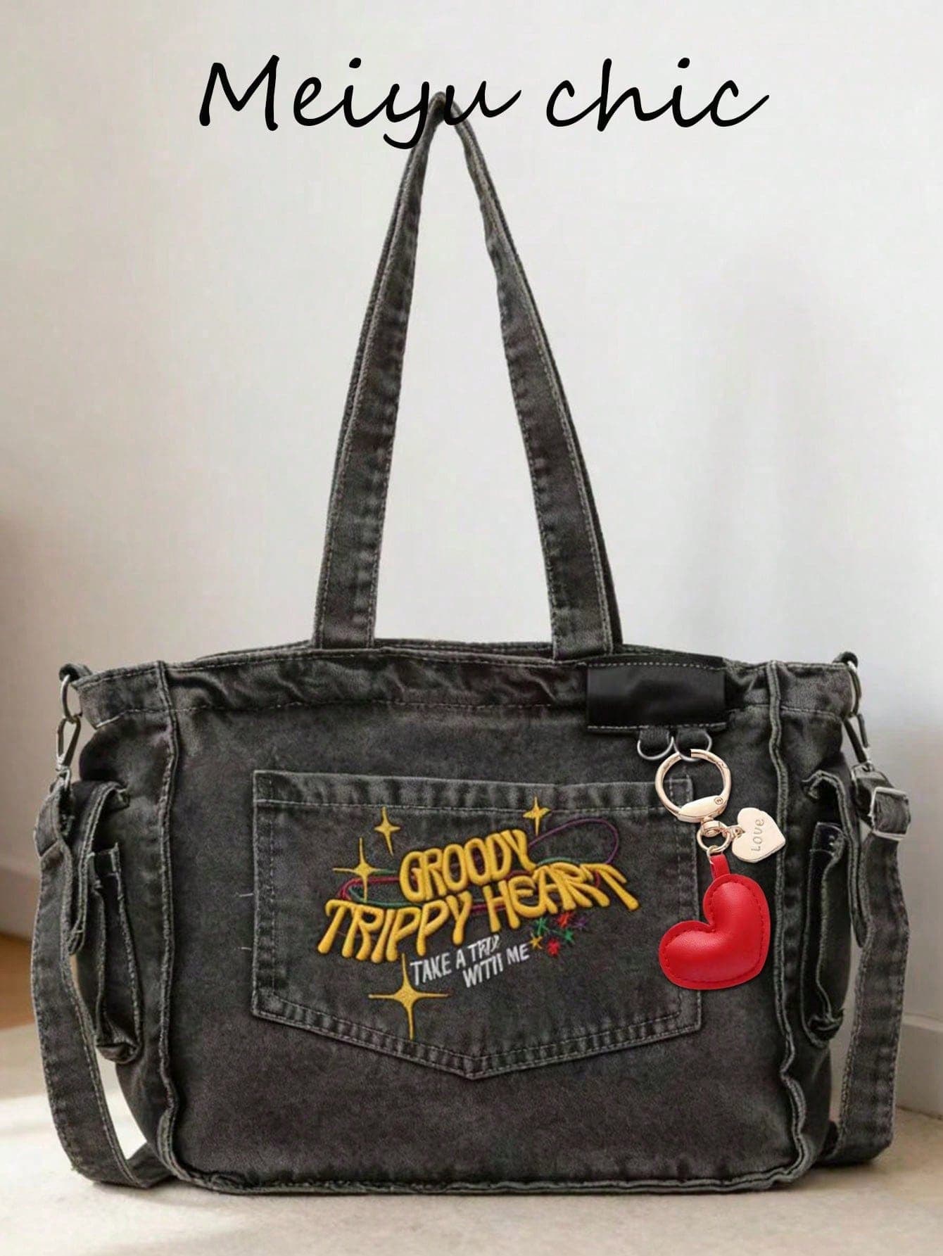 New Fashion Classic Versatile Casual Letter Pattern Decor Design, Embroidery Craft, Large Capacity Shoulder Bag Metal Chain Decor Design Tote Bag, Old Washed Fabric Women's Backpack, Suitable For Campus Use. For Commuting