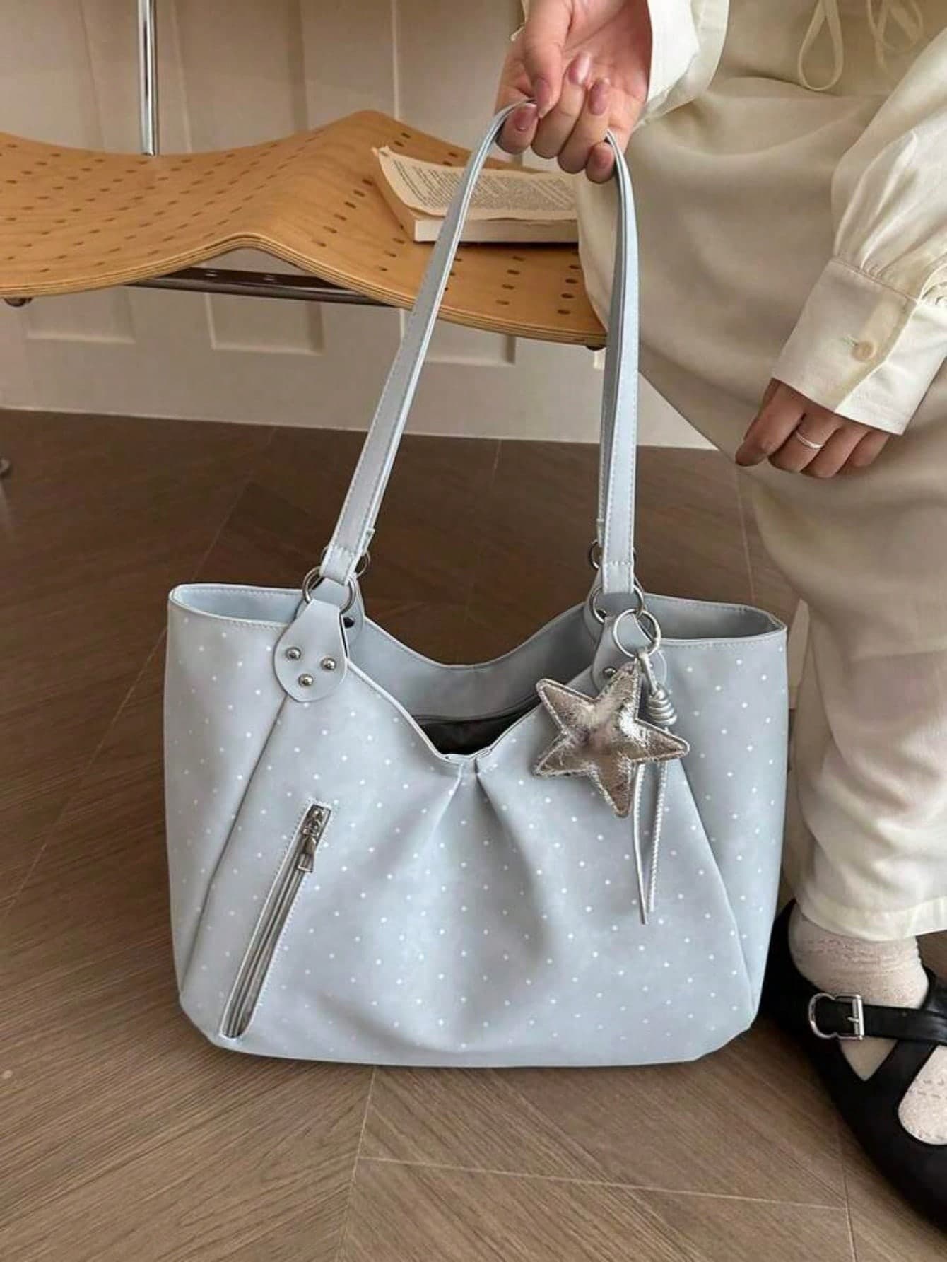 1pc Women's Pink Polka Dot Tote Bag, Soft Large Capacity Shoulder Bag With Star Pendant, Casual Daily Commute Shopping Handbag, Side Zipper Pocket