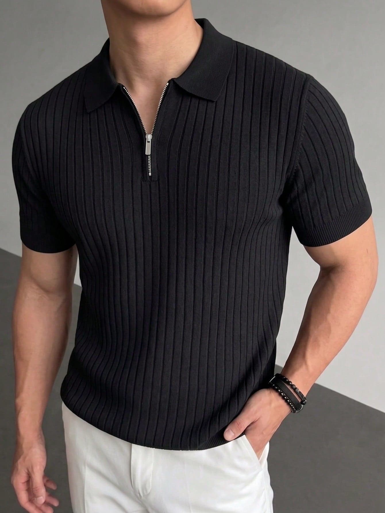 Men's Solid Color Knitted Casual Versatile Commute Travel Zip-Up Polo Shirt