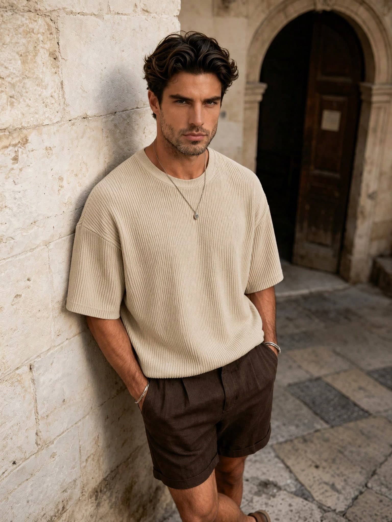 Men's Casual Loose Fit Round Neck Short Sleeve T-Shirt, Apricot Color