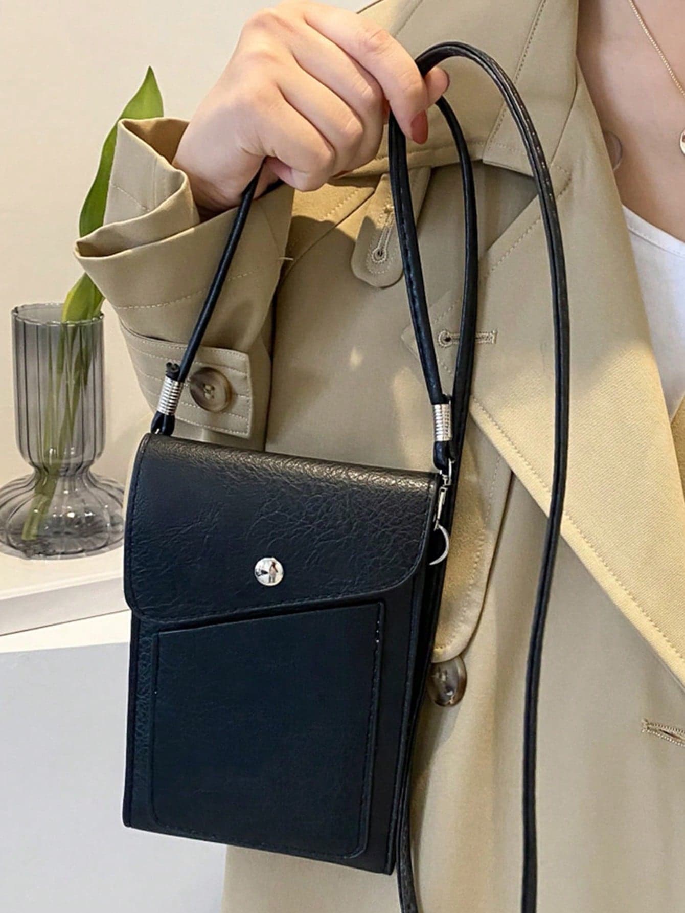 Black Minimalist Textured PU Leather Mini Crossbody Phone Bag For Women, Snap Button Flap Mobile Phone Wallet Purse With External Card Slot.