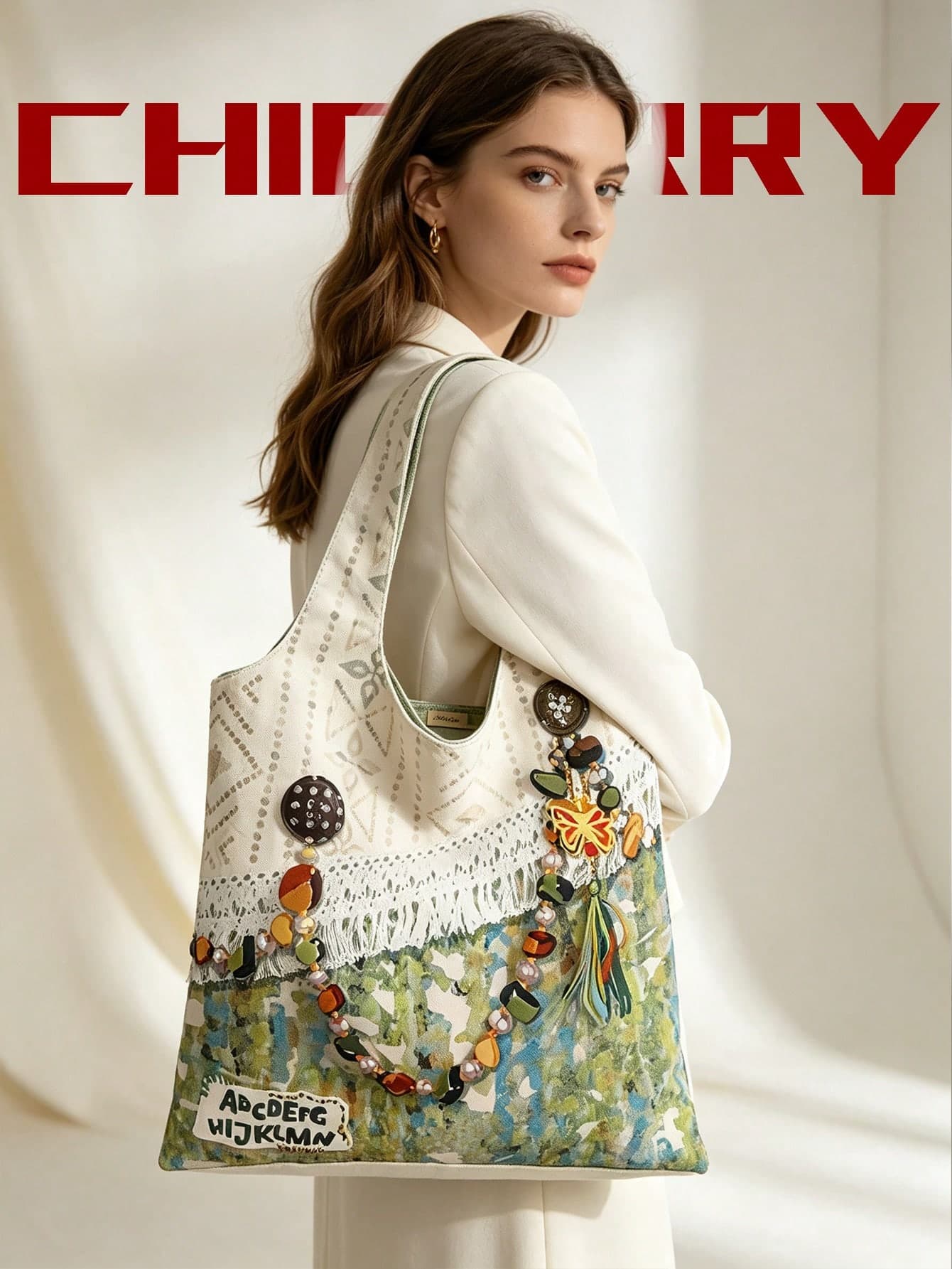 Women's Nylon Large Capacity Casual Tote Bag, Handheld Shopping Bag, Faux Bead Pendant Painted Pattern, Lightweight Foldable Shoulder Bag For Outdoor Travel, Casual Vacation Style, Beach Bag, College Style, Suitable For Shopping, Vacation, Commuting