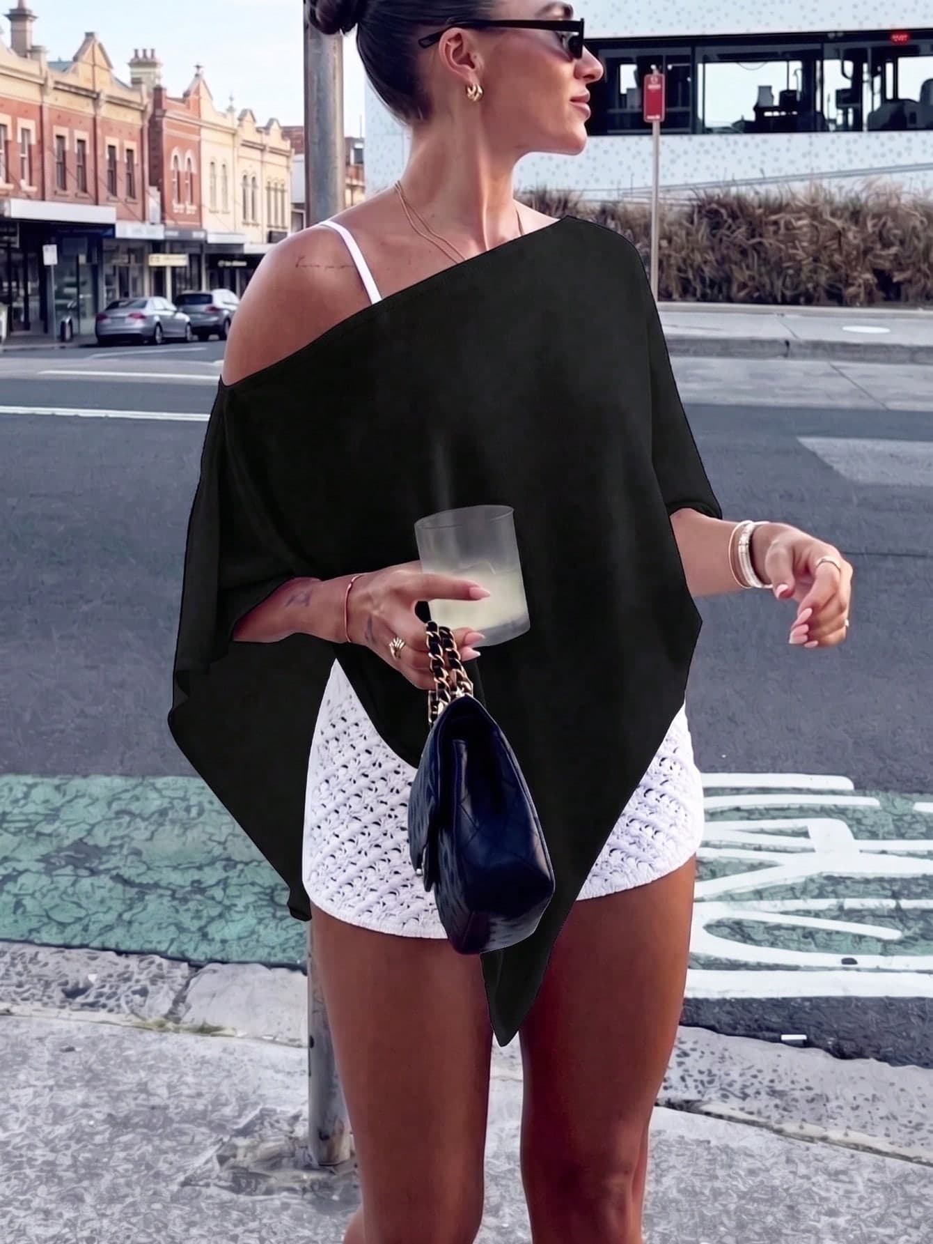 Women's Fashionable Solid Color Knit Shawl Cover Up Vacation Beach Black Summer