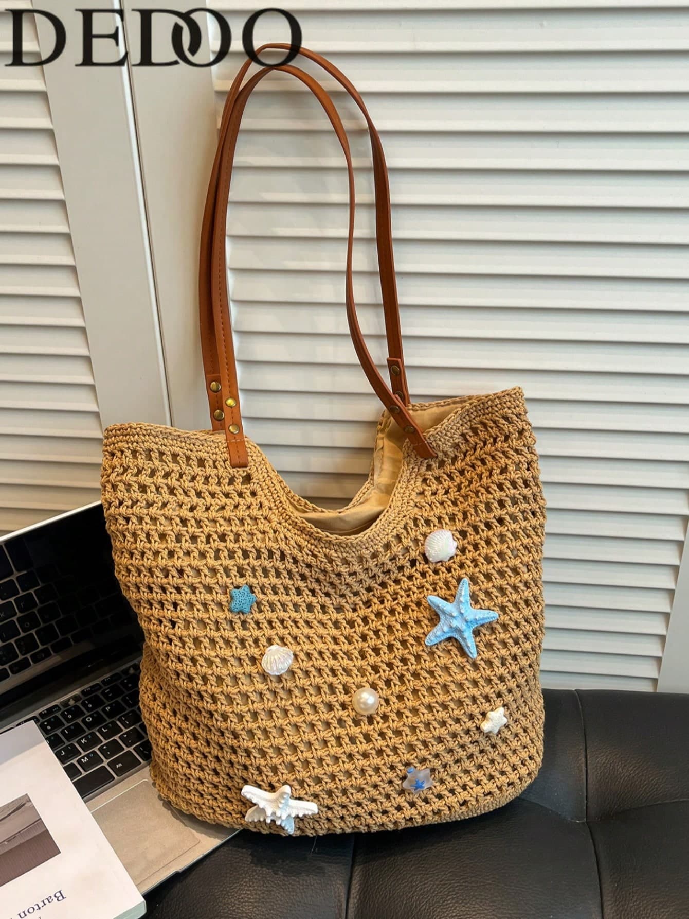 Dedoo Cute Starfish Shell Crochet Tote Bag, Beige Hollow Beach Shoulder Bag, Women's Summer Vacation Handbag, Straw Woven Bag, Vacation Essential