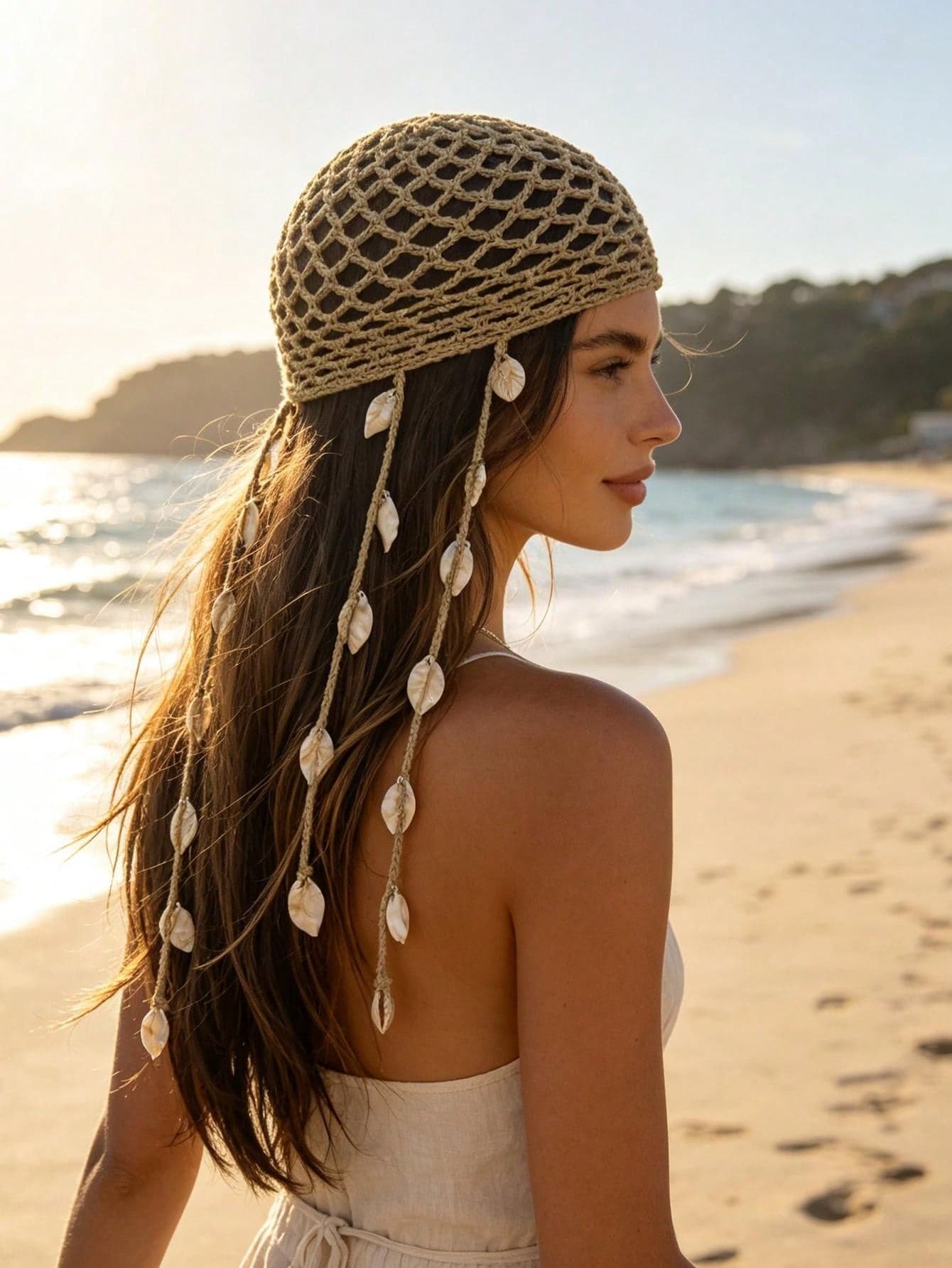 1pc Premium Shell Tassel Knit Hat, Bridal Decorative Headpiece, Woolen Hat, Beach Vacation Decoration, Hollow Out Hat, Fashion Headwrap (Random Tassel Quantity)