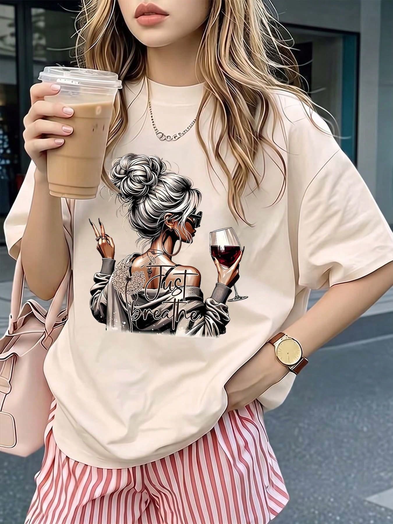 ZZG Plus Size Es Trus Summer Women's "Maruko Head Women + Just Breathe" Pattern Printed Street Y2k Clothing Apricot Top Round Neck Large Short Casual