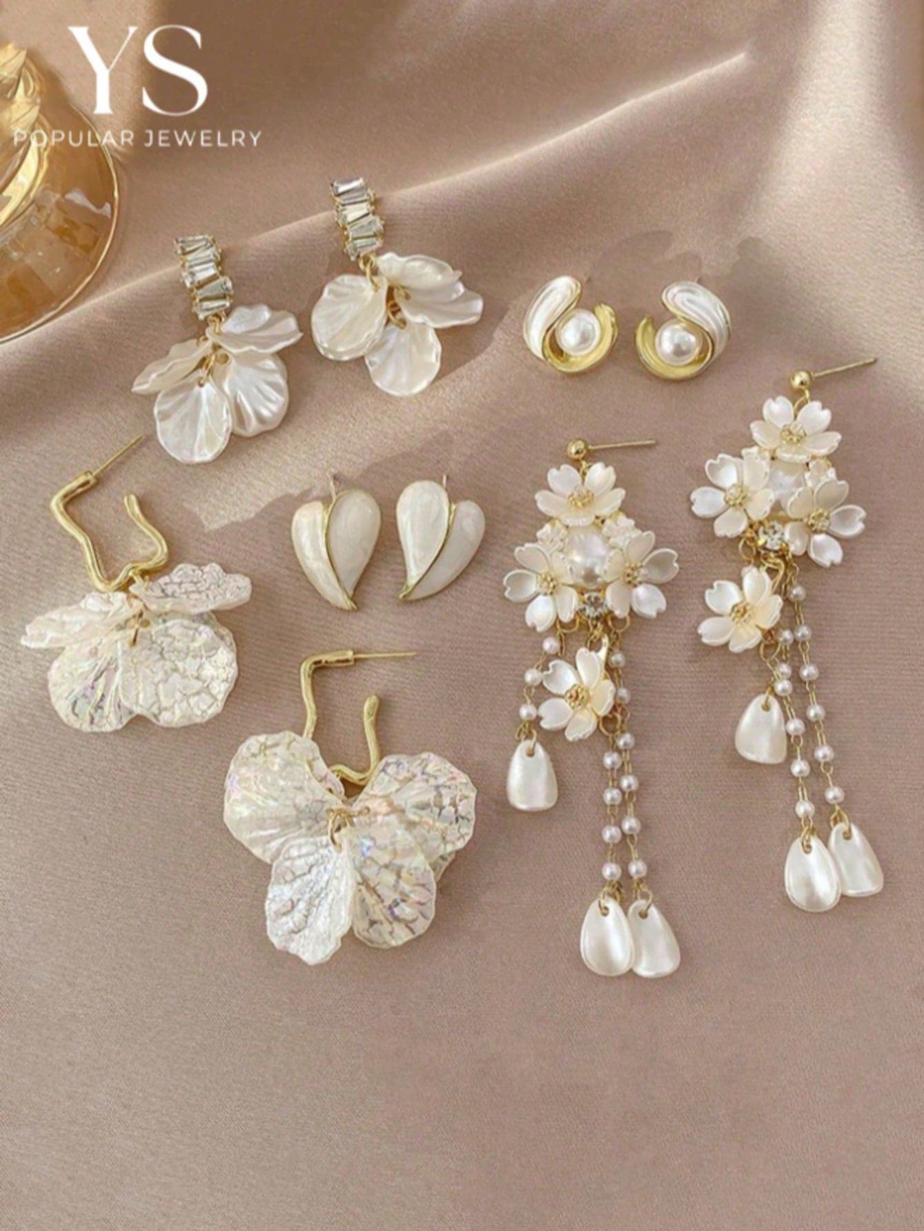 5 Pairs/1 Pair White Plastic Petal Long Dangle Earrings, Women's Multi-Piece Earring Set, Heart-Shaped Faux Pearl Elegant Jewelry