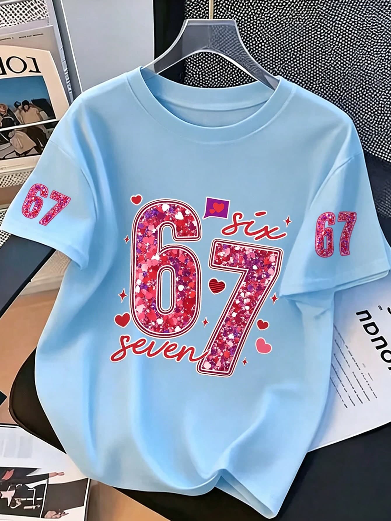 Girls Cute Glitter 67 Print Short Sleeve T-Shirt, Kids Round Neck Casual Soft T-Shirt, Summer Daily Wear Heart Pattern Top