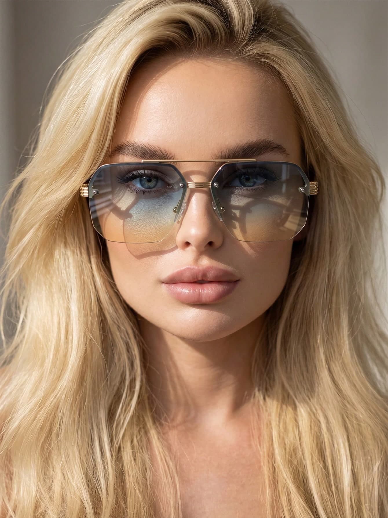 1 Pair Women's Gold Geometric Half-Frame Double Bridge Elegant Fashion Glasses