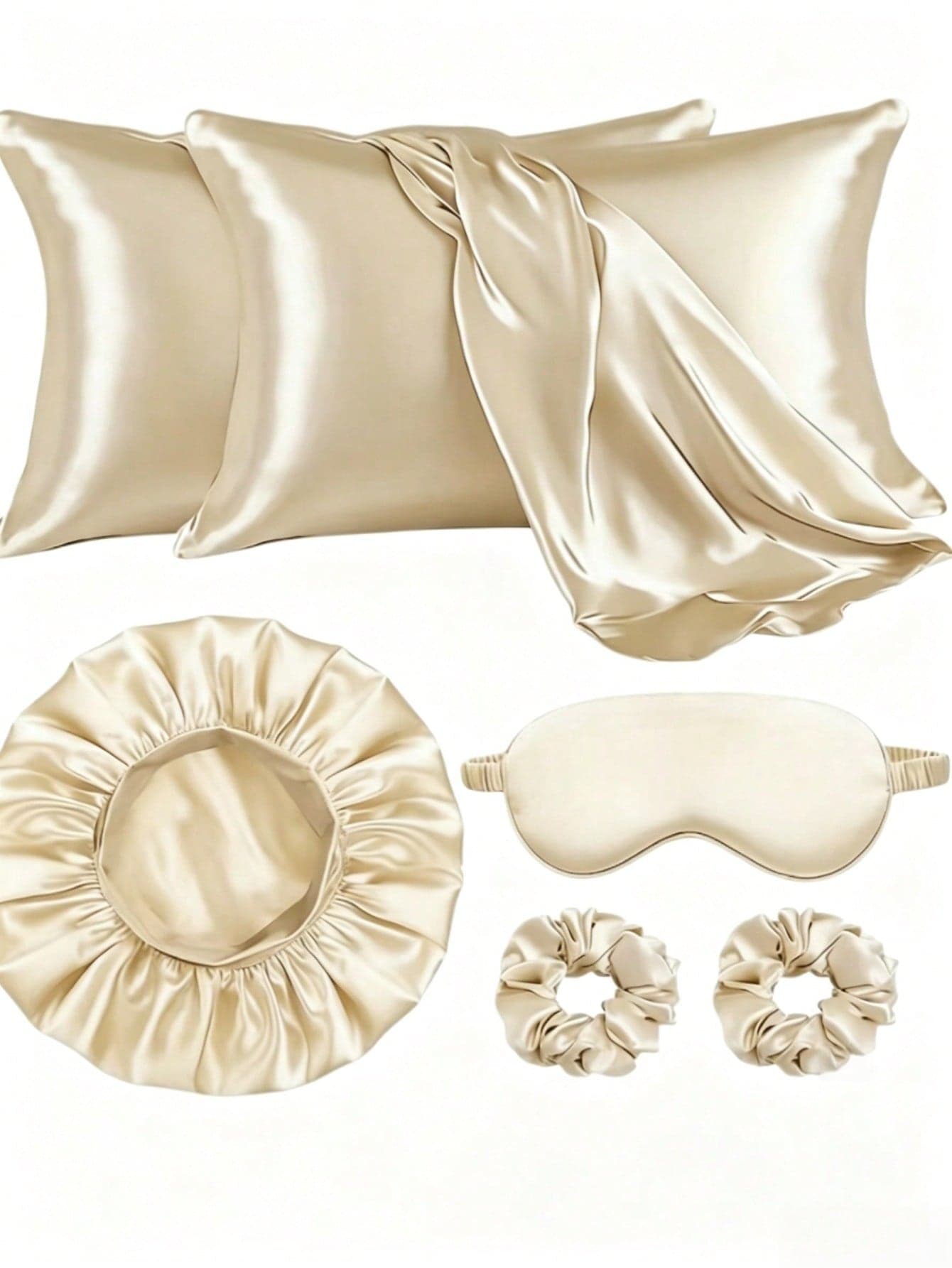 6pcs Solid Color Casual Polyester Fiber Pillowcase, Shower Cap, Daily 4-Season Combination Gift Set, Solid Color Satin Eye Mask, Sleep Pillowcase, Hair Scrunchie