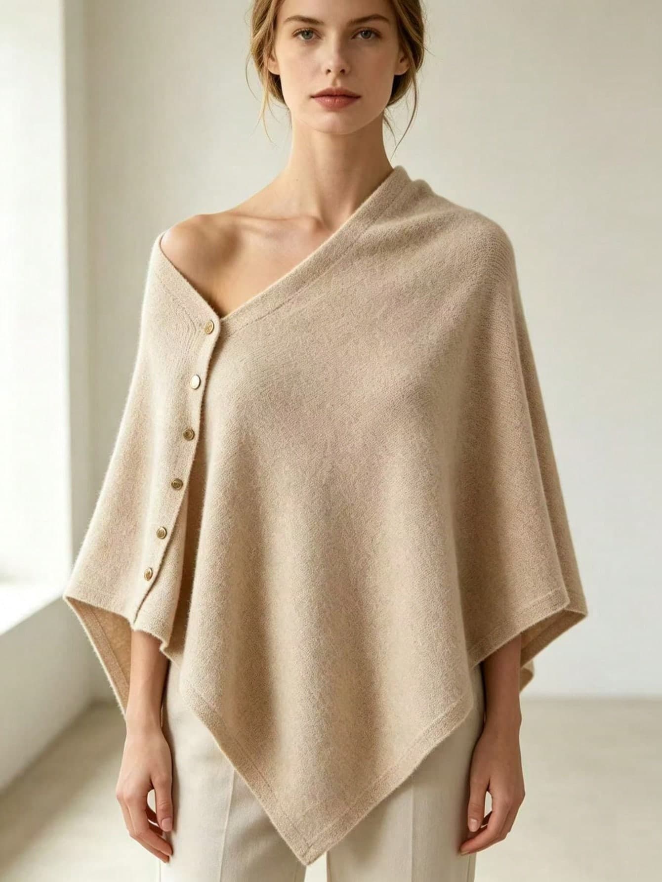 1pc Women's Solid Color Knitted Side Button Rivet Decor Sun Protection Shawl Poncho Casual Elegant Cardigan, Suitable For Office, Travel, Spring, Autumn & Winter