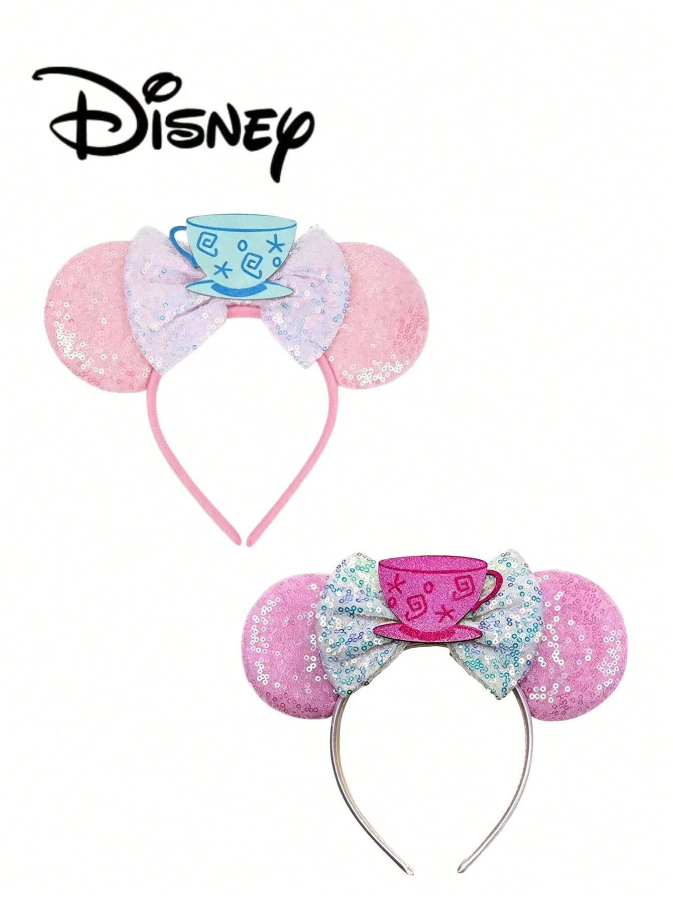 1pc Disney Mickey Light Pink + Blue Cup Sequin Headband, Mickey Pink + Magenta Cup Sequin Headband - Holiday Party Headband, Head Accessory, Fun Photo Prop, Amusement Park Accessory, Suitable For Birthday Party And Valentine's Day Events, With Bow Cute Cartoon Hair Accessory, Princess Costume Accessory, Suitable For Disney Fans