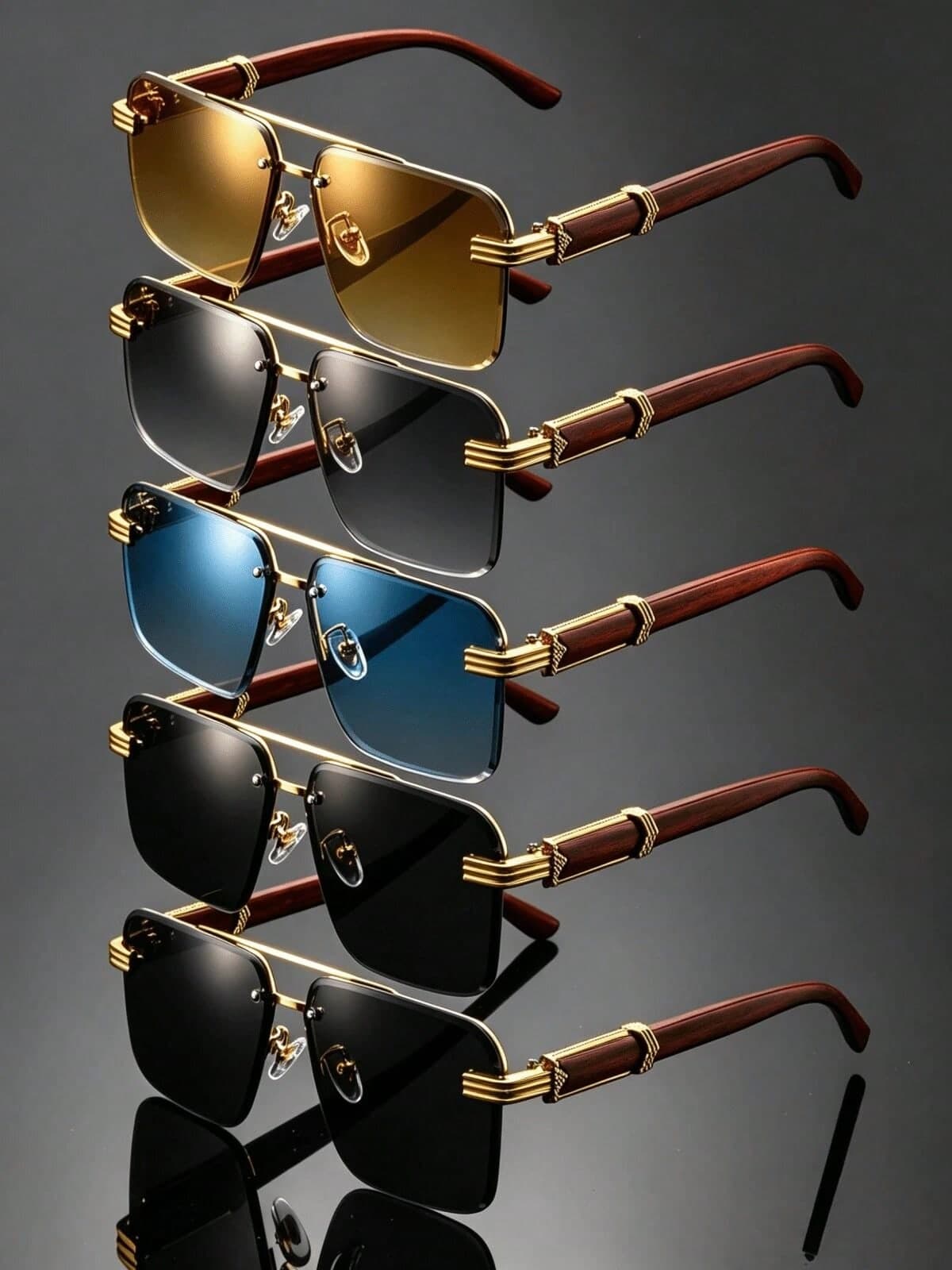 5pcs Unisex Retro Double Bridge Fashion Glasses, Wooden Temple With Gold Decoration, Multi-Color Tinted Lenses Suitable For Party, Street, Daily Wear, Men And Women