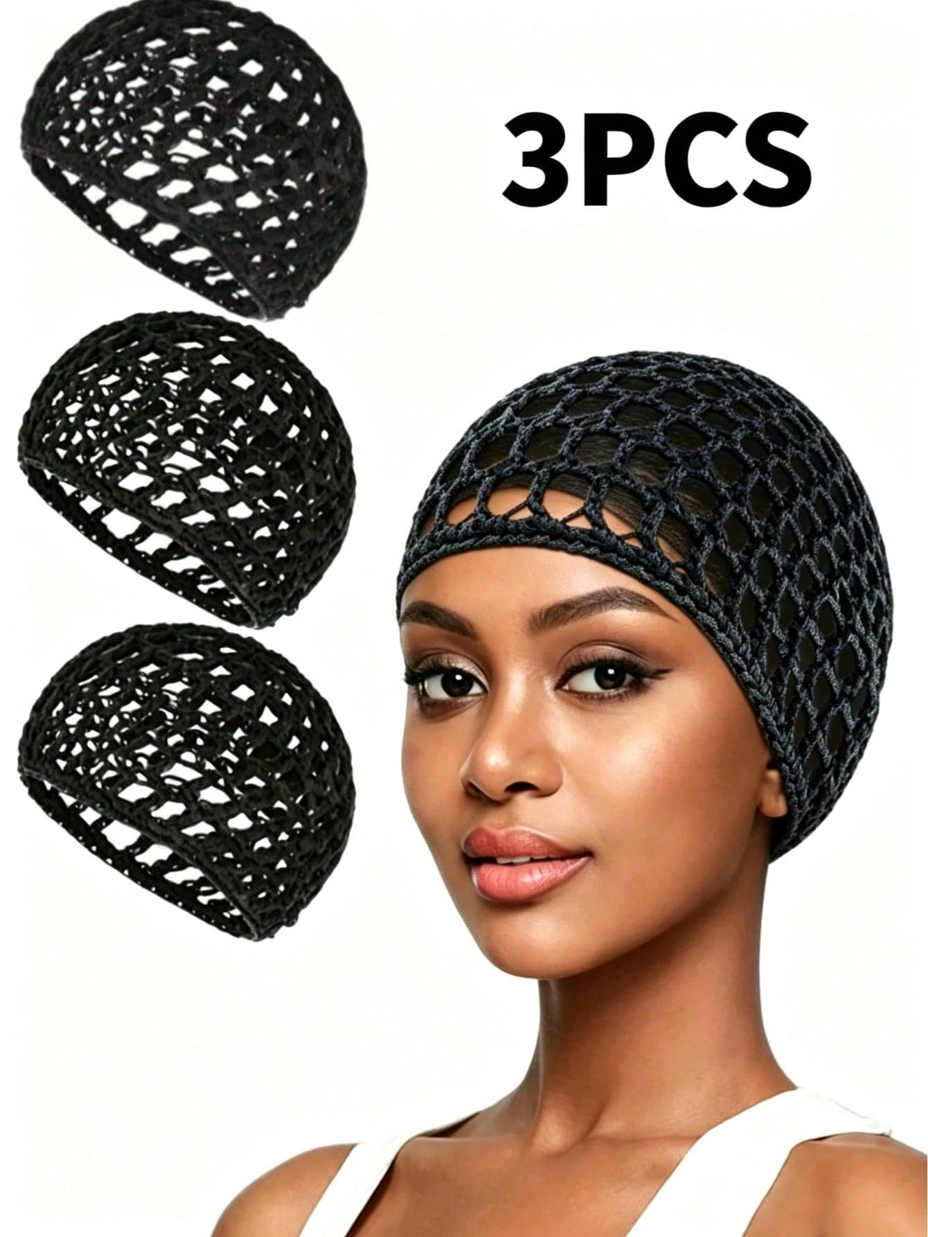 1/3Pcs Women Black Crochet Mesh Hair Net Snood, Stretchy Breathable Knit Hair Cover Cap, Daily Sleeping Curly Hair Protector Hair Accessory