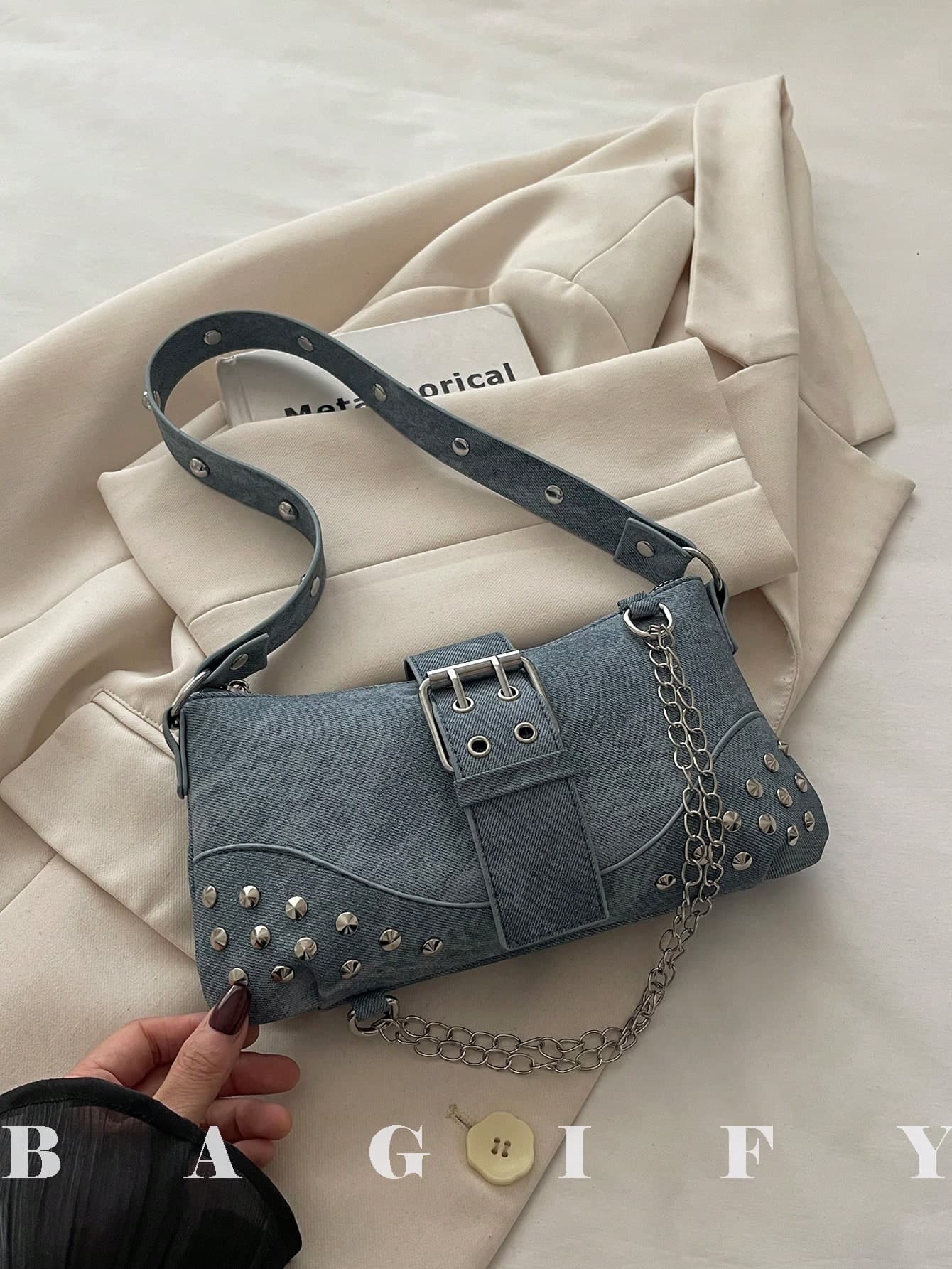 New Fashion Rivet Decor Handbag Shoulder Bag, Suitable For Parties, Gatherings, Outings, Vacations, Shopping And Daily Use, Can Store Coins, Phones, Also As Work Bag For White-Collar, College Students And Office Workers, Elegant Designer Bag For Women