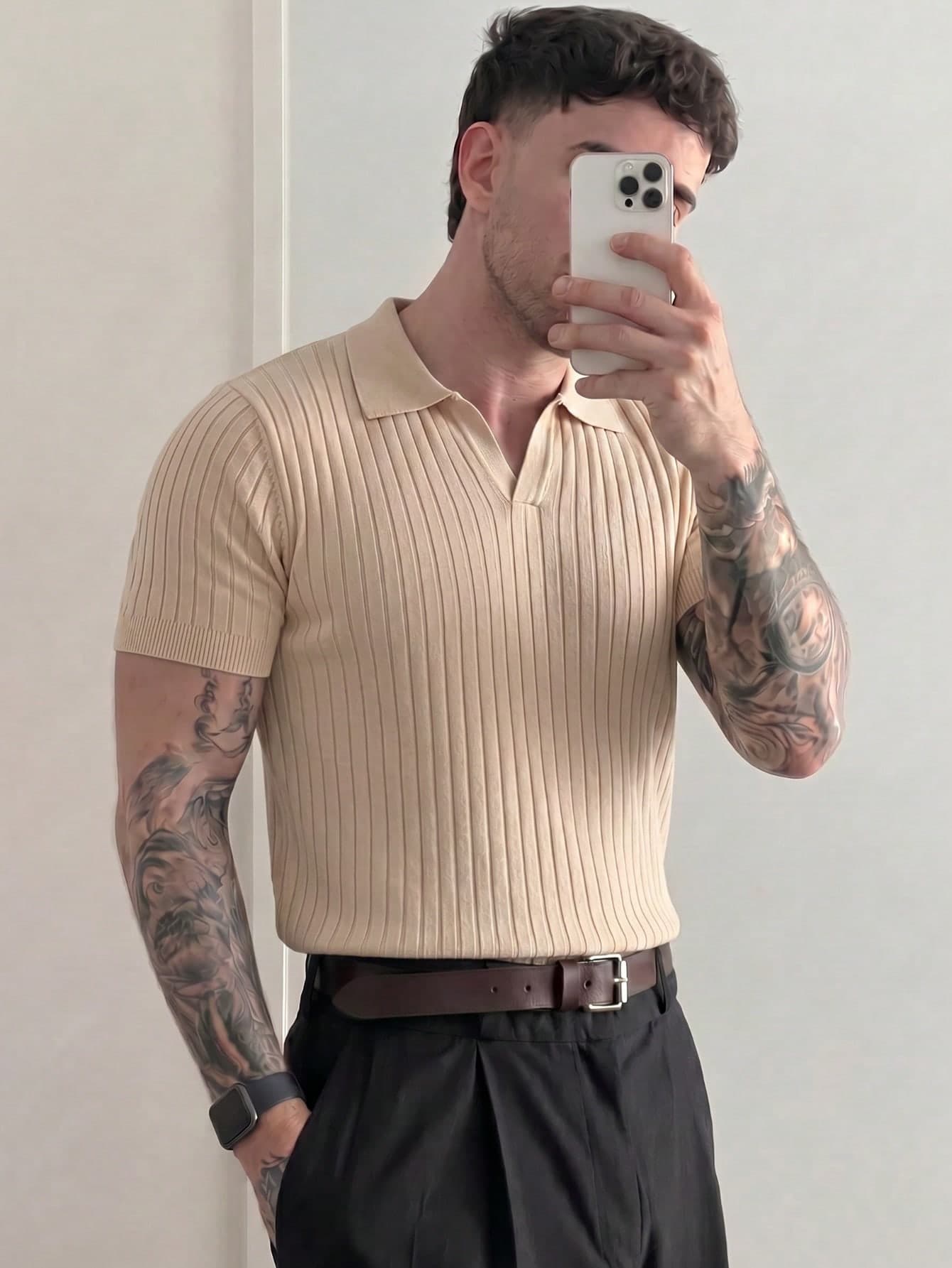 Men's Ribbed Airplane Collar Polo Knit Shirt, Short Sleeve, Summer Fashion