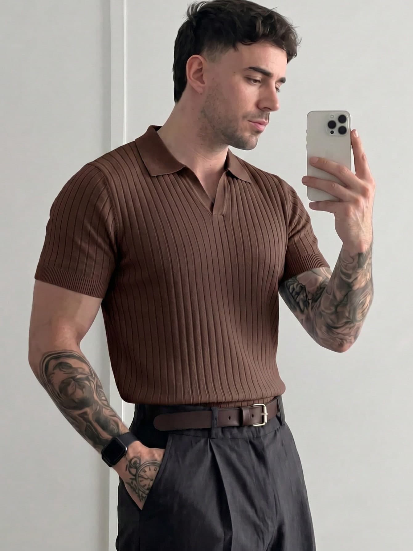 Men's Ribbed Airplane Collar Polo Knit Shirt, Short Sleeve, Summer Fashion