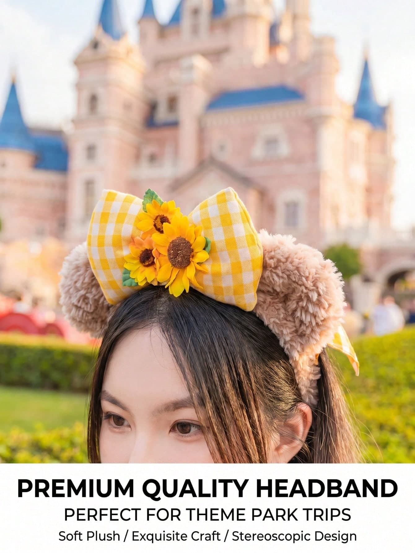 Sunflower Gingham Bow Bear Ears Plush Headband Accessories, Soft Fluffy Hair Hoop For Disney Trip Halloween Cosplay Party Photo Daily Outfit Hair Bows