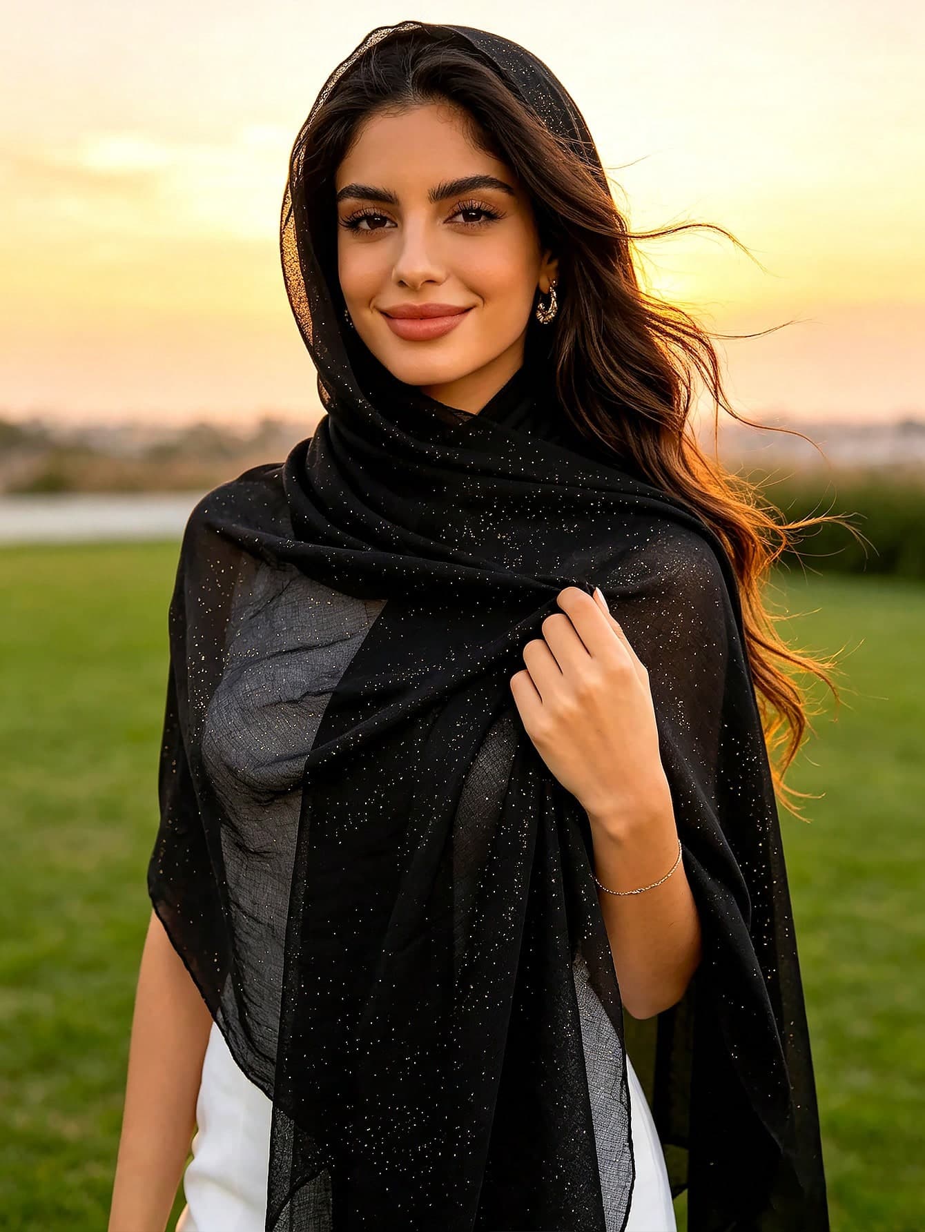 1pc Elegant Simple Gold Foil Printed Hijab Scarf, Fashion Lightweight Shawl Wrap Scarves For Women, Versatile Outdoor/Beach For Dress