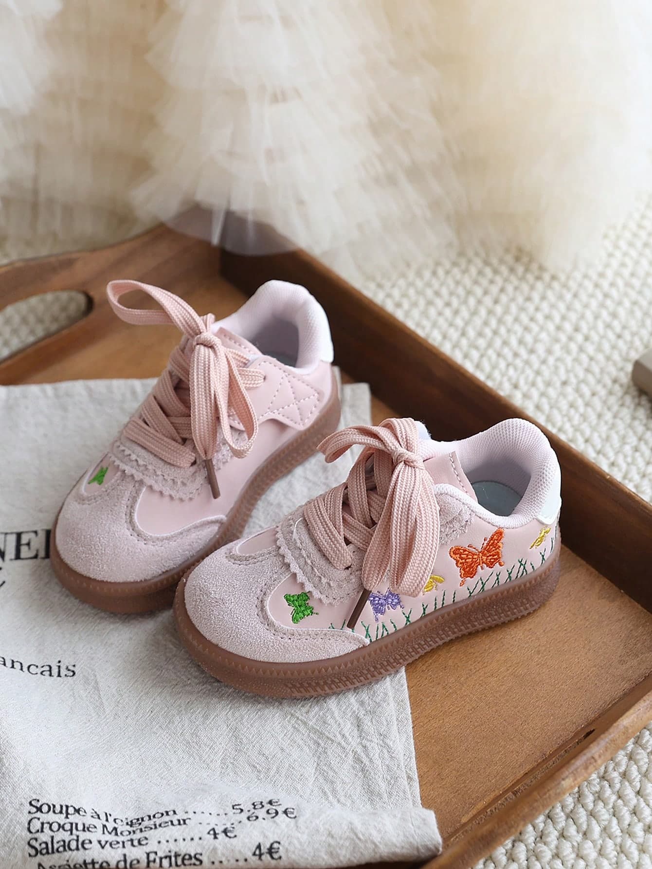 Toddler Girls Cute Pink Butterfly Embroidery Sneakers Lace Up Lace Trim Retro Trainers Non Slip Gum Sole Casual Skate Shoes